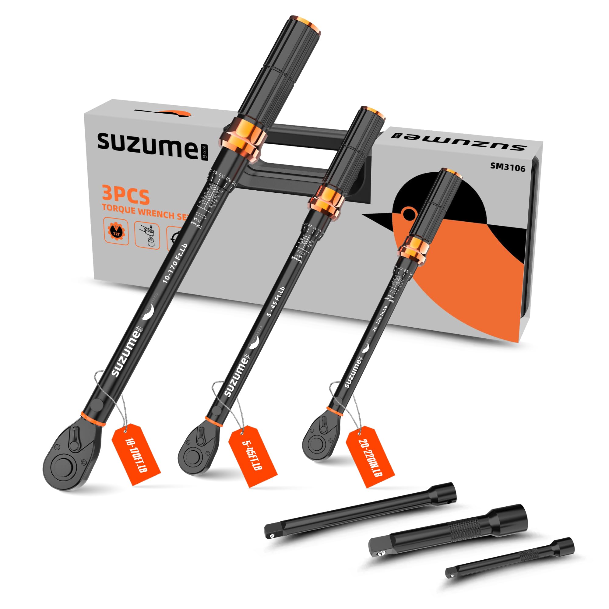 SUZUME 3PCS Torque Wrench Set 72 Teeth Dual-Direction Adjustable Torque Wrench Dual-Scales 1/4 & 3/8 & 1/2-Inch ±3% Accuracy Click Torque Wrenches for Bicycle, Motorcycle, Car,Maintenance