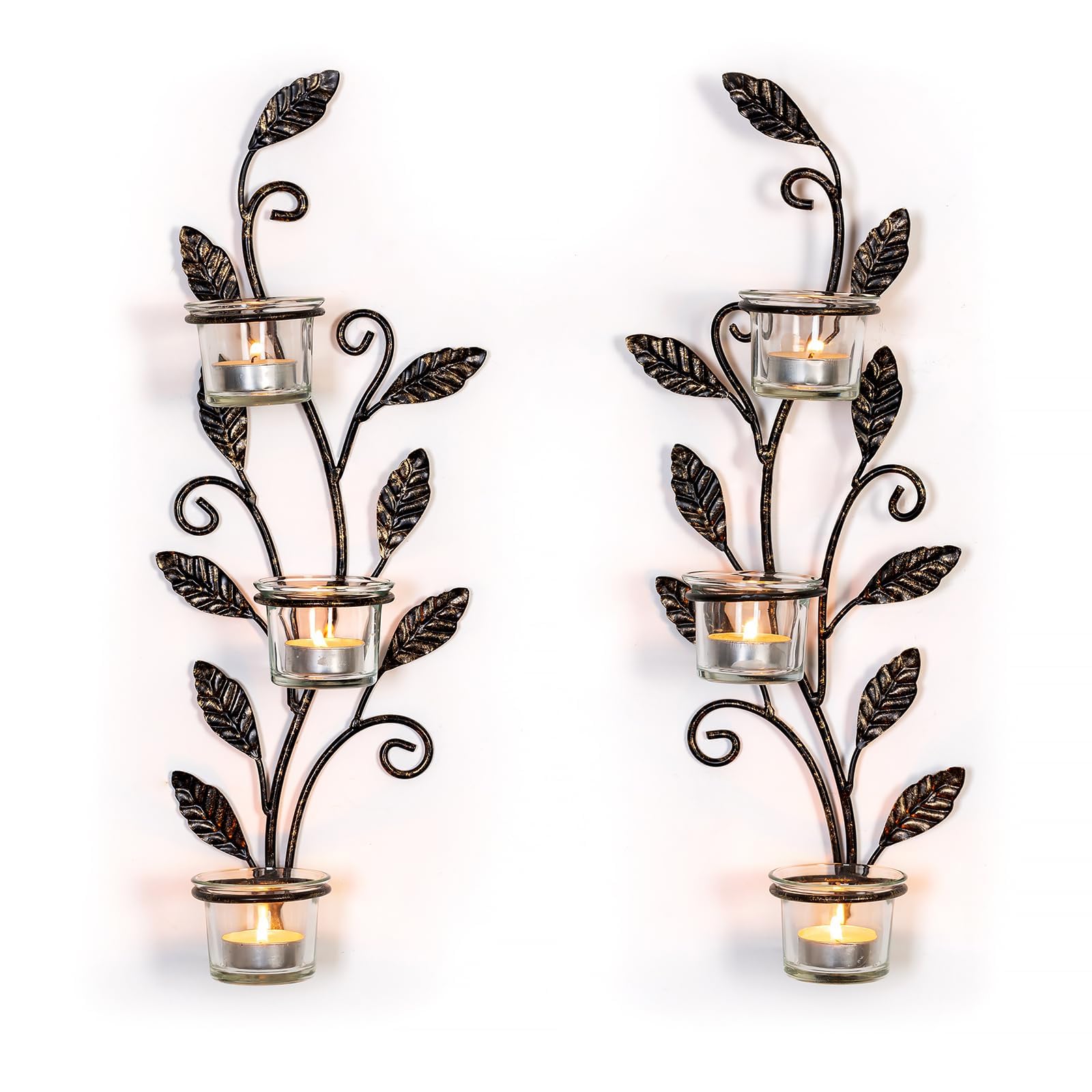 Sziqiqi Wall Candle Holders Leaf - Black Wall Sconces Candelabra with 6 Tealight Glass Wall Mounted Tea Light Candle Sconce for Candles for Living Room Bathroom Dining Room