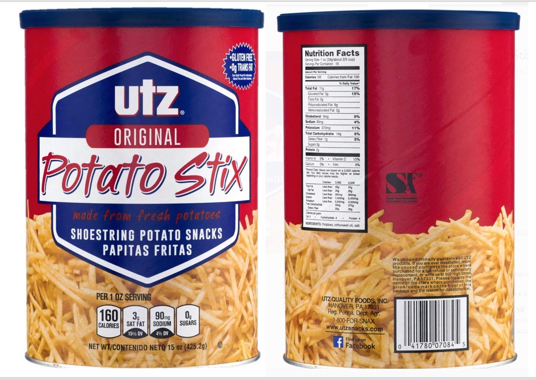 UTZ Original Potato Stix, 15oz Can (Pack of 2, Total of 30 Oz)