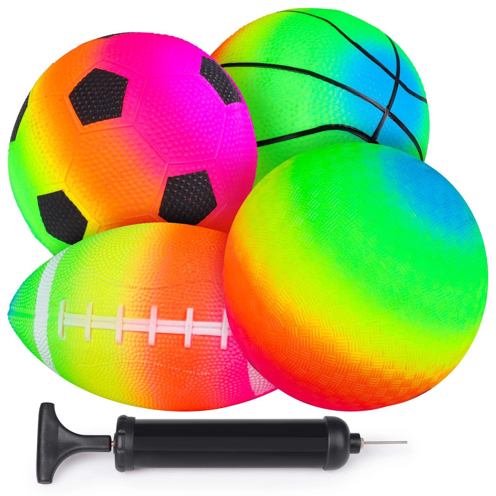 Hooqict 6 Inch Rainbow Sports Balls Set with Pump 4 Pieces Inflatable Vinyl Playground Ball for Kids Toddlers Adults Indoor Outdoor Sport Carnival Game