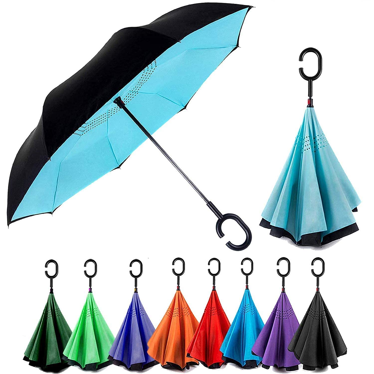 kunyaUmbrella Windproof, Reverse Umbrella, Umbrellas for Women & Men with UV Protection, Upside Down Umbrella with C-Shaped Handle(Multi Colour) Pack Of 2