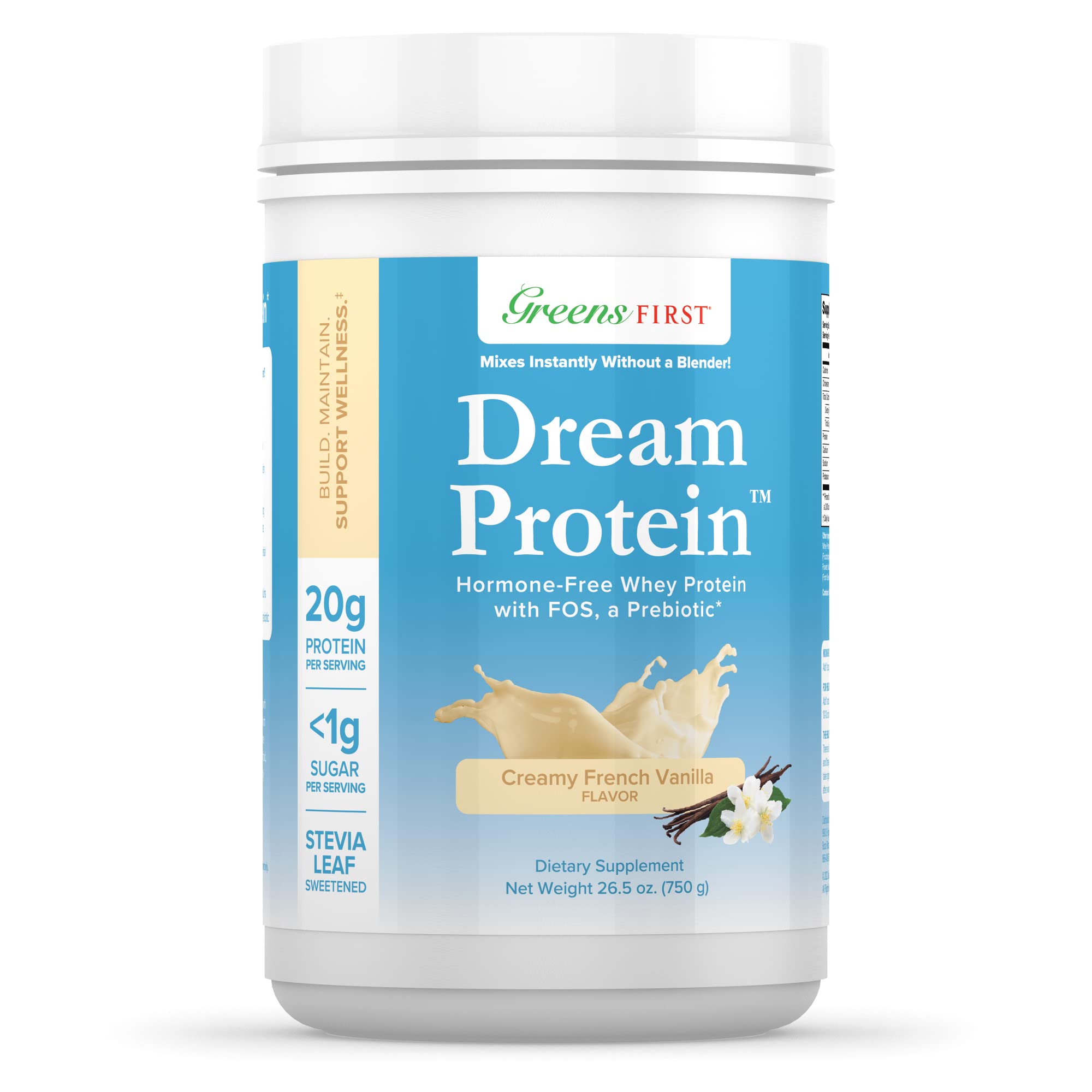 Greens First Dream Whey Protein Powder, Creamy French Vanilla, 30 Servings – 20 g Protein – Low Carb Powder – Hormone-Free, Non-GMO, No Artificial Sweeteners/MSG/Aspartame, 26.5 oz