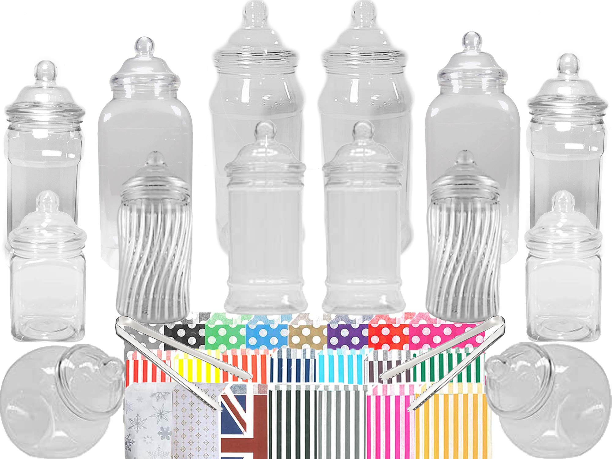 14 Plastic Sweet Jars, 7 Styles, 2 Tongs and 50 Bags. Ideal for Party, Wedding, Sweet Table, Candy Buffet (Union Jack Bags)