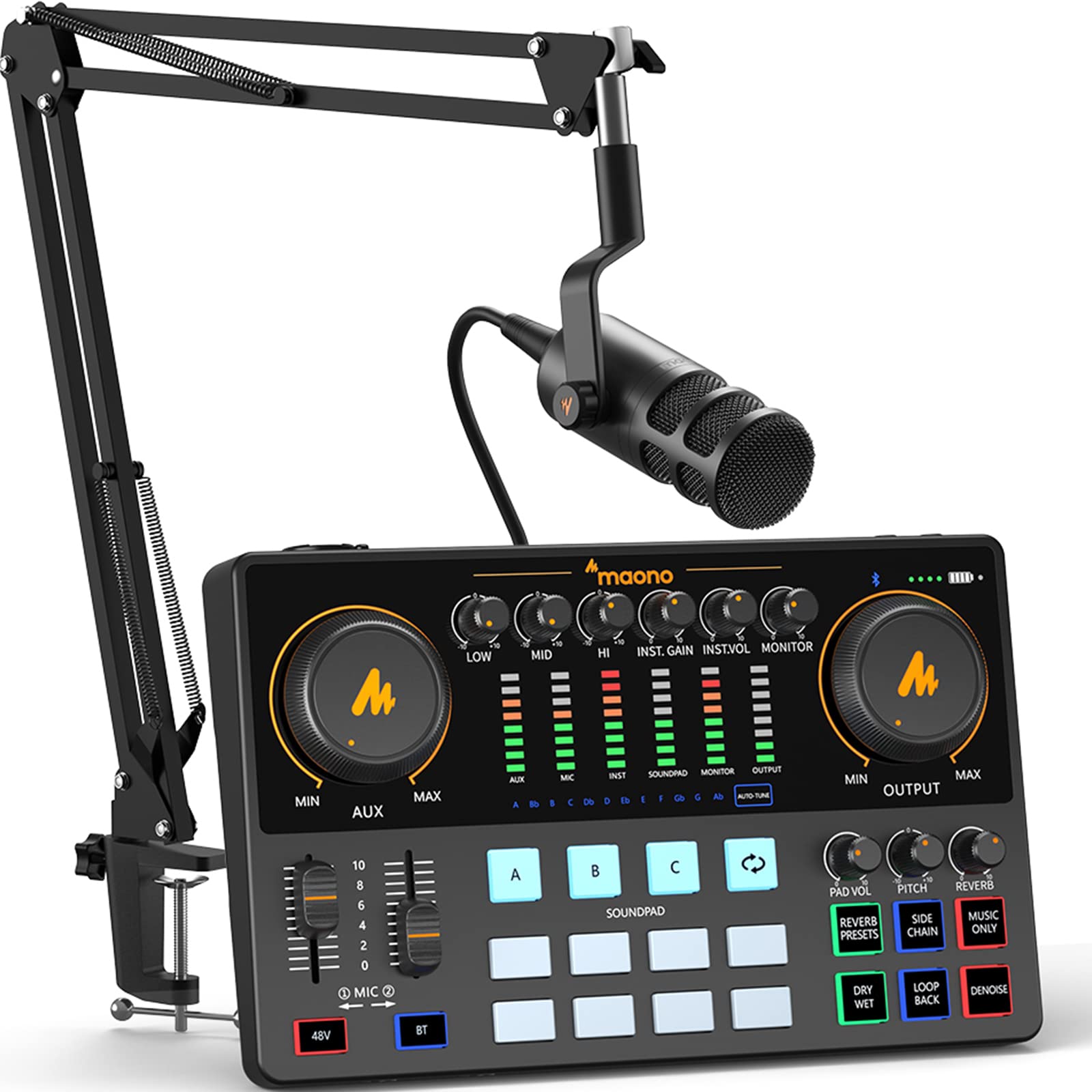 MAONOPodcast Equipment Bundle 10 Channel Audio Interface and XLR Dynamic Microphone MaonoCaster with Pro-preamp, 48V, Bluetooth for Podcast, Streaming, TikTok, Youtube, PC, Smartphone (AME2C Pro)