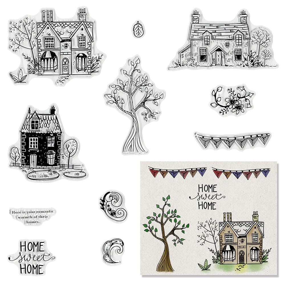 LANGFON 3 House Clear Stamps for Card Making Decoration DIY Scrapbooking, Trees Silicone Transparent Seal Stamps for Embossing Album Decor Craft.