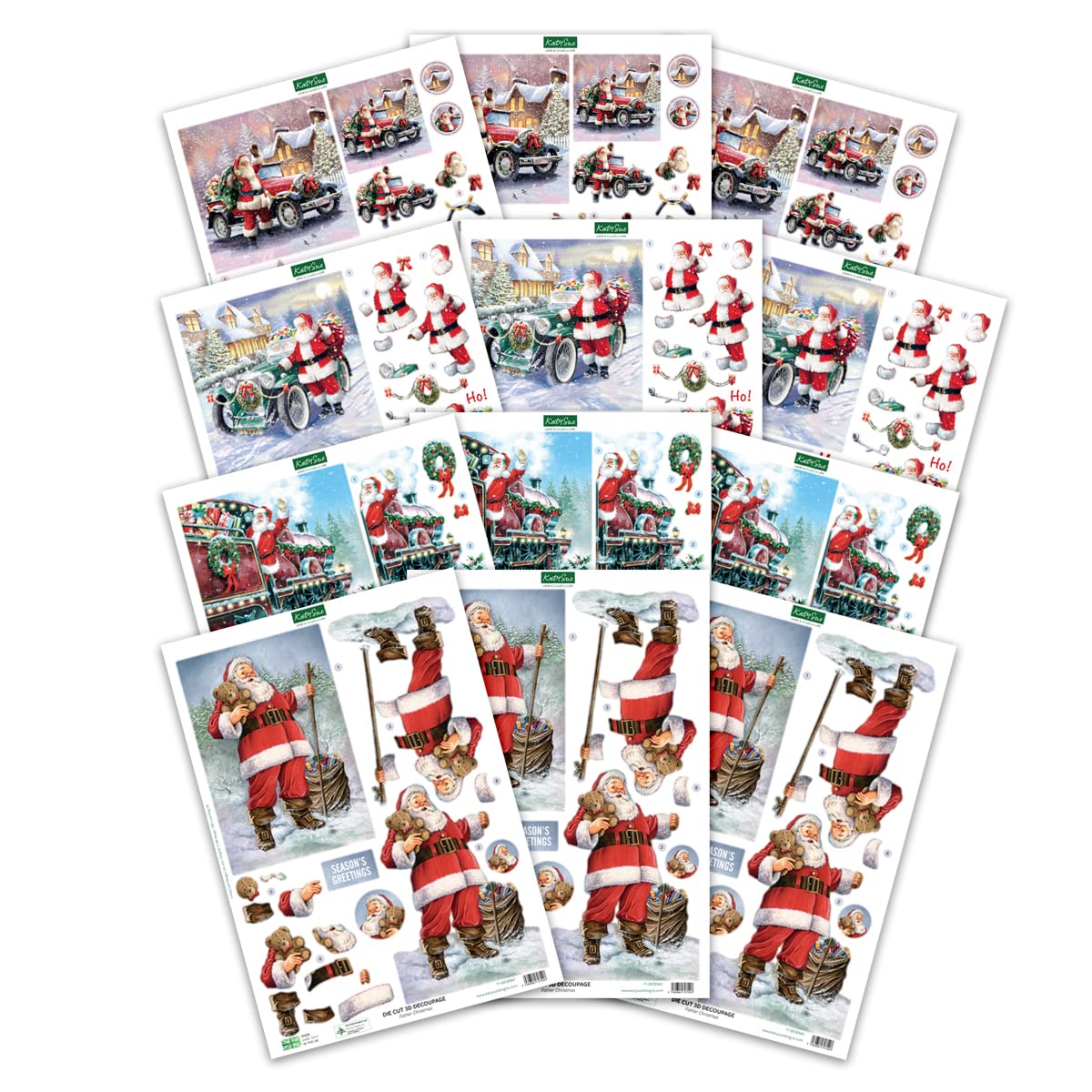 Katy Sue Santa Claus Selection Die-Cut Decoupage Pack. Contains 12 Pre-Cut Die Cut Sheets for Christmas Card Making Supplies. 3 Copies Each of 4 Different Santa Claus/Father Christmas Designs