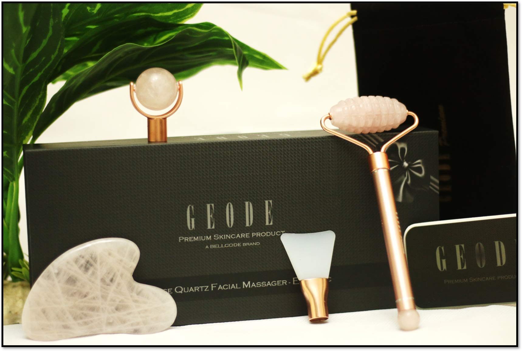 Jade Roller Stone For Face Glow Rose (5 in 1 set) | The Original GEODE Premium Massager Beauty Product | Face Slimmer Skincare Tool | Cooling For Eye | Puffiness Relief & Anti-Aging (MANUAL)