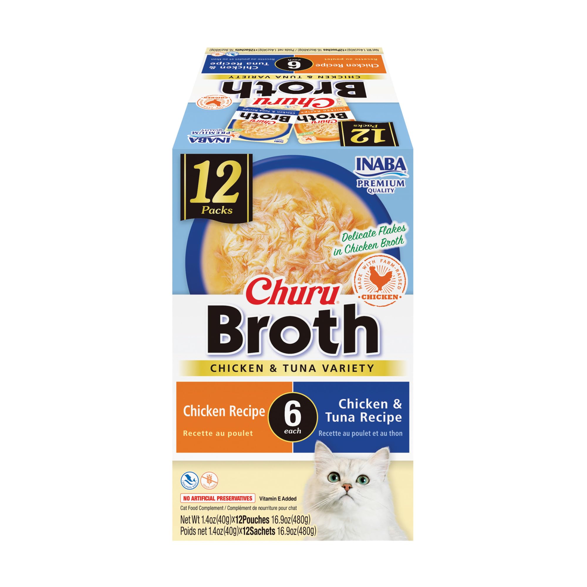 INABA Churu Broth for Cats, Creamy Broth with Shredded Chicken Side Dish Pouch, 1.4 Ounces per Pouch, 12 Pouches, Chicken and Tuna Variety