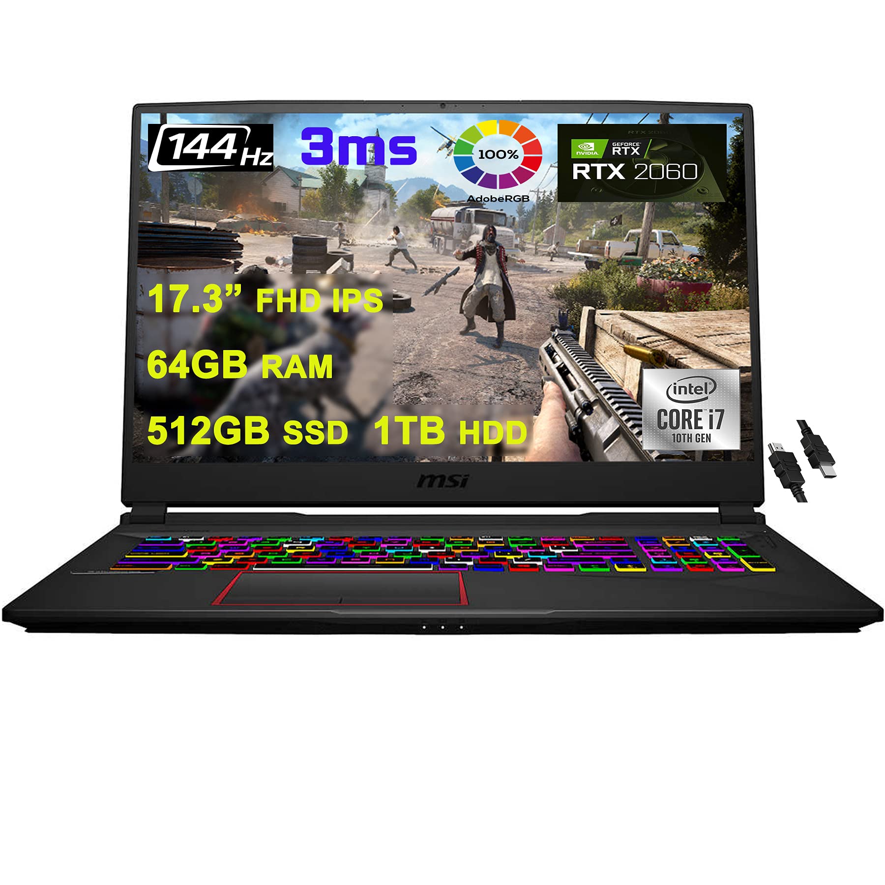 MSI GE75 Raider Gaming Laptop 17.3” FHD IPS 144Hz 3ms 100% sRBG 10th Gen Intel 6-Core i7-10750H 64GB RAM 512GB SSD + 1TB HDD GeForce RTX 2060 6GB Backlit USB-C Win10 + HDMI Cable