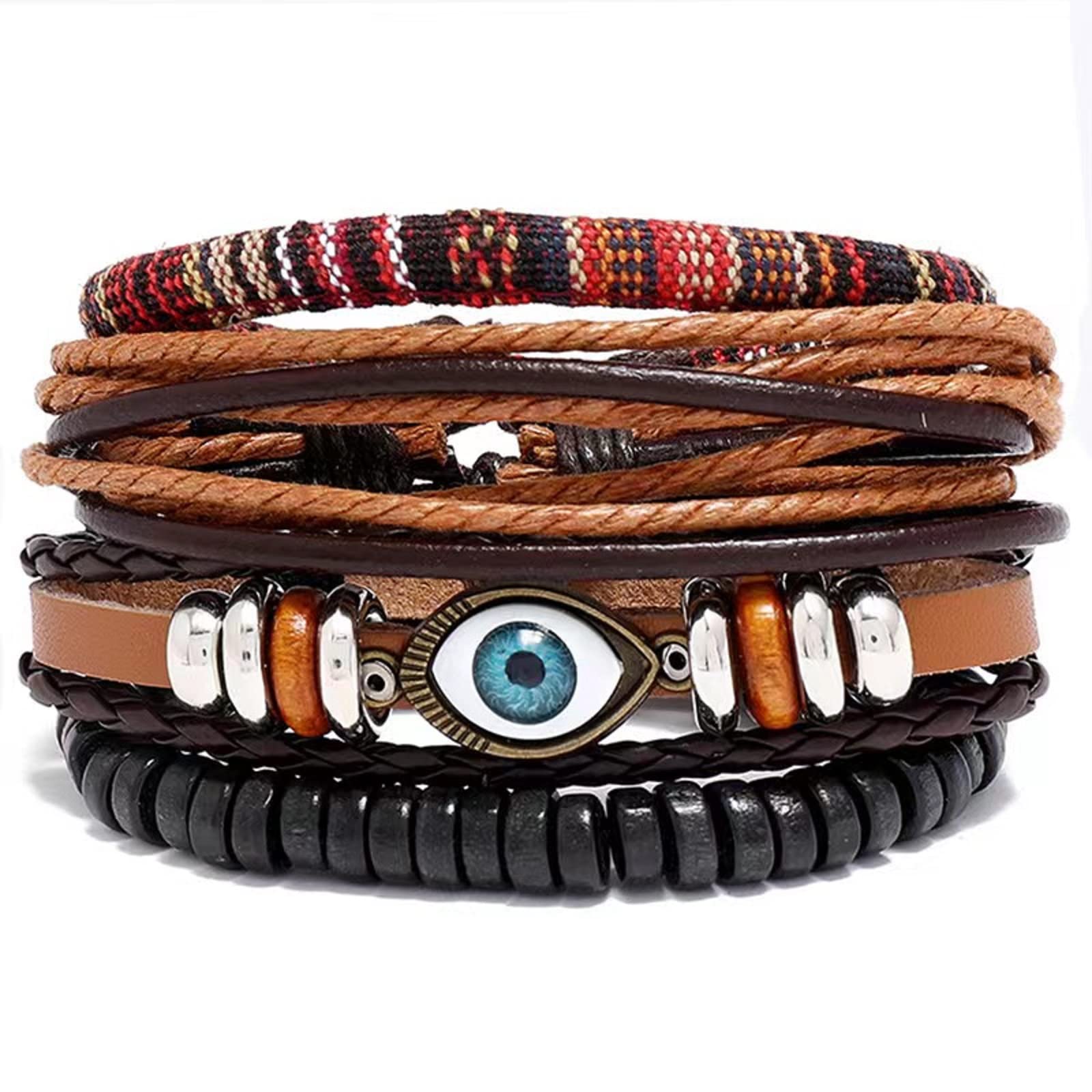 KunBeadJewelry Evil Eye Braided Leather Rope Handmade Boho Bohemian Wrap Wristband Bangle Multilayer Gifts Bracelets for Women Girls