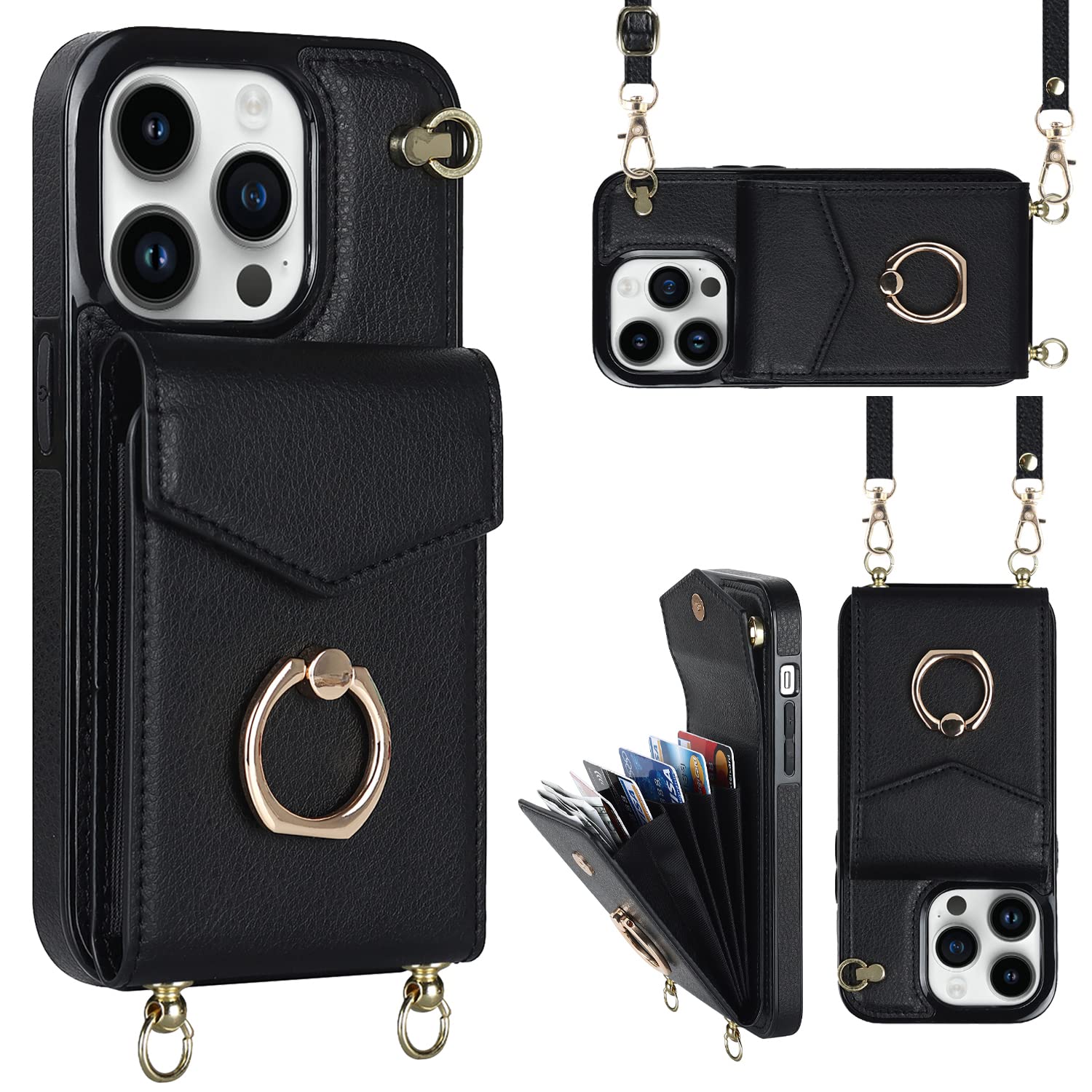 SZHAIYU Flip Leather Wallet Phone Cases for iPhone 14 Pro Max Crossbody Case with Credit Card Holder Ring Strap Lanyard 6.7'' Women RFID Blocking Protective Purse (Black,IP 14 Pro Max)