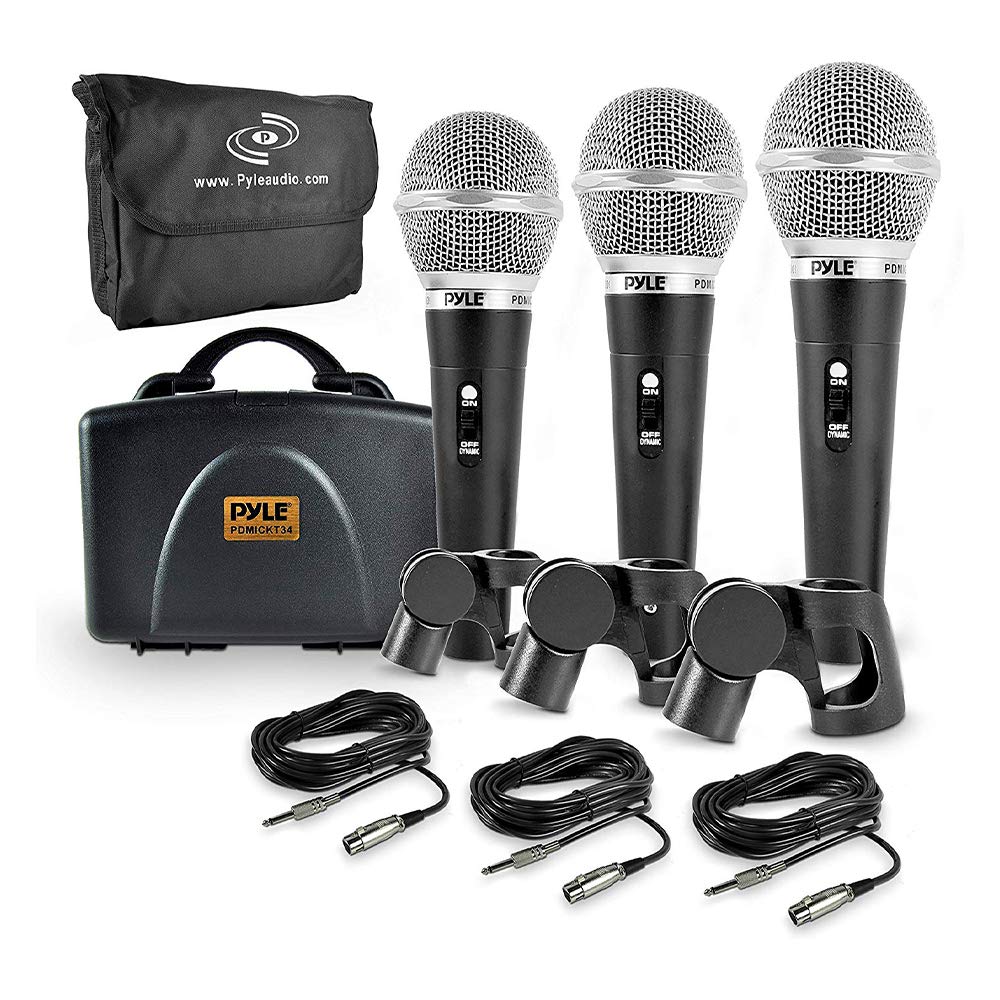 Pyle 3 Piece Professional Dynamic Microphone Kit Cardioid Unidirectional Vocal Handheld Mic With Hard Carry Case & Bag, Holder/Clip 26Ft XLr Audio Cable To 1/4'' Connection (Pdmickt34)