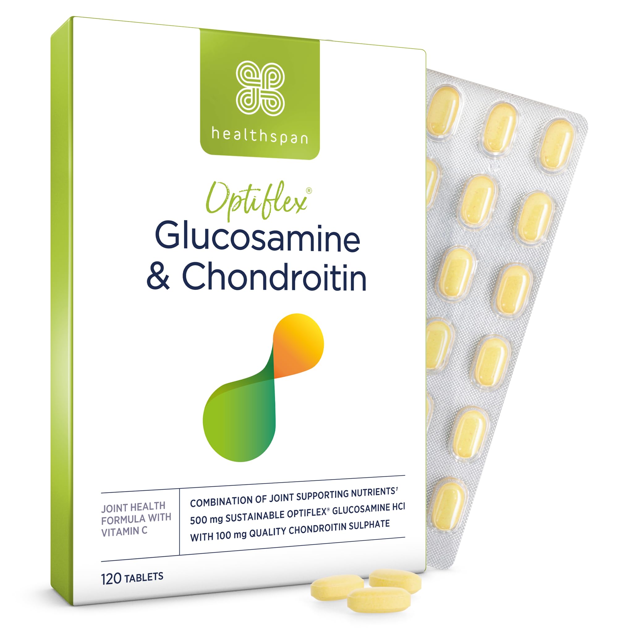 Healthspan Glucosamine and Chondroitin (120 Tablets) | Joint Health | 500mg Optiflex Glucosamine & 100mg Chondroitin Sulphate | 20mg Vitamin C | 40% More Glucosamine Per Gram | Sustainably Sourced