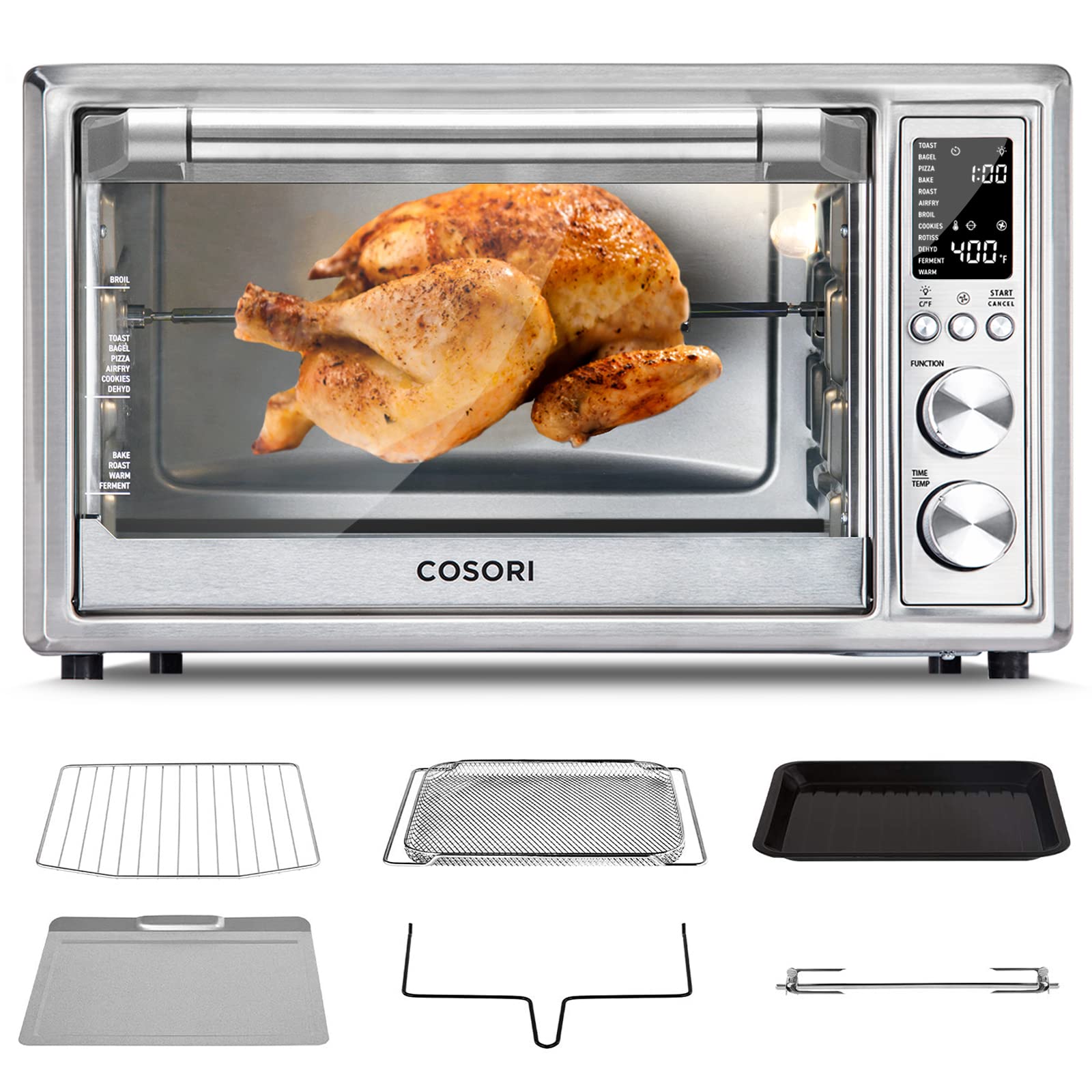 COSORI12-in-1 Air Fryer Toaster Oven Combo, Airfryer Rotisserie Convection Oven Countertop, Bake, Broil, Roast, Dehydrate, 134 Recipes & 4 Accessories, 32QT, Silver, Stainless Steel