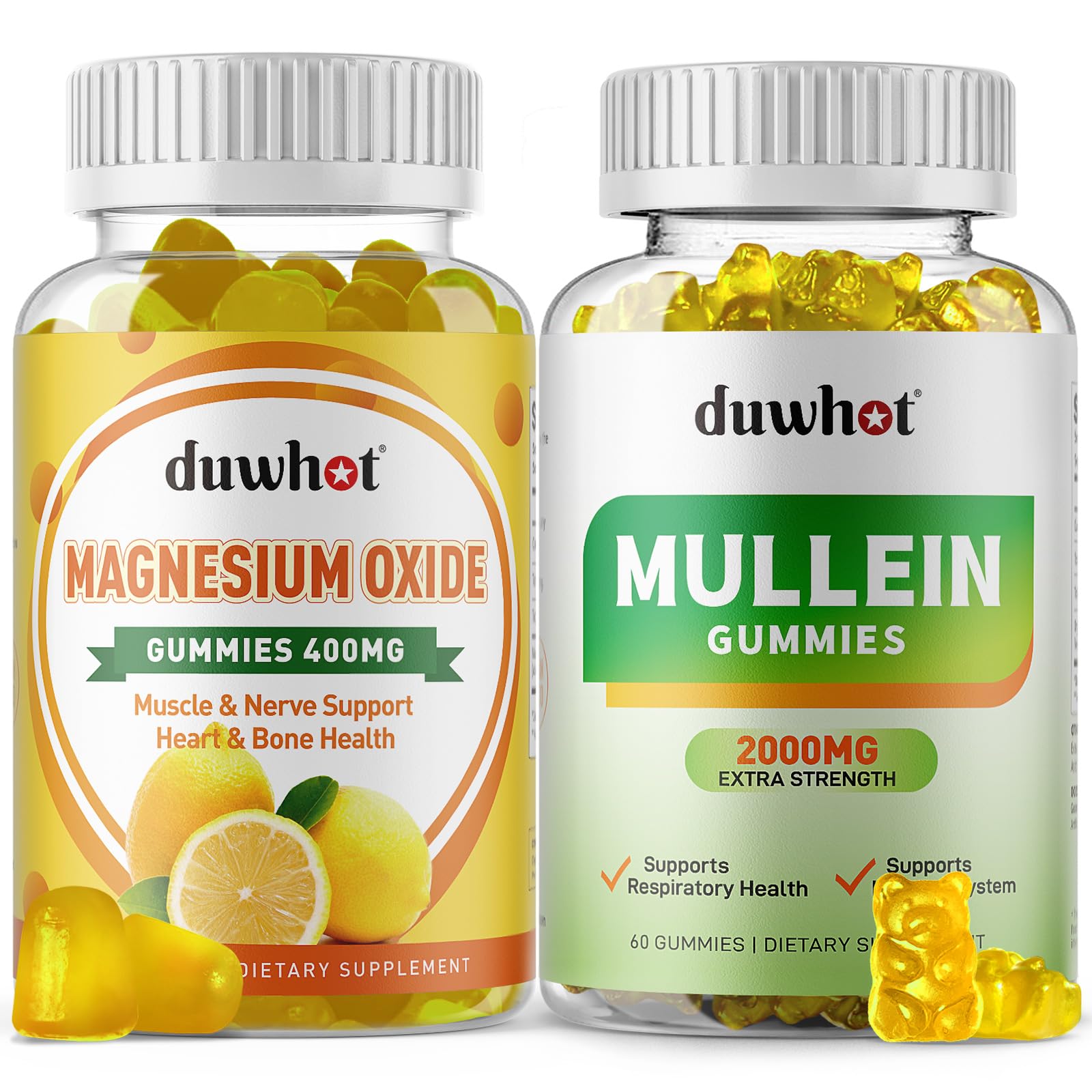 duwhot Magneisum Oxide Gummies 400mg & Mullein Gummies 2000mg, Nervous & Digestive System Support, Lung Detox Support