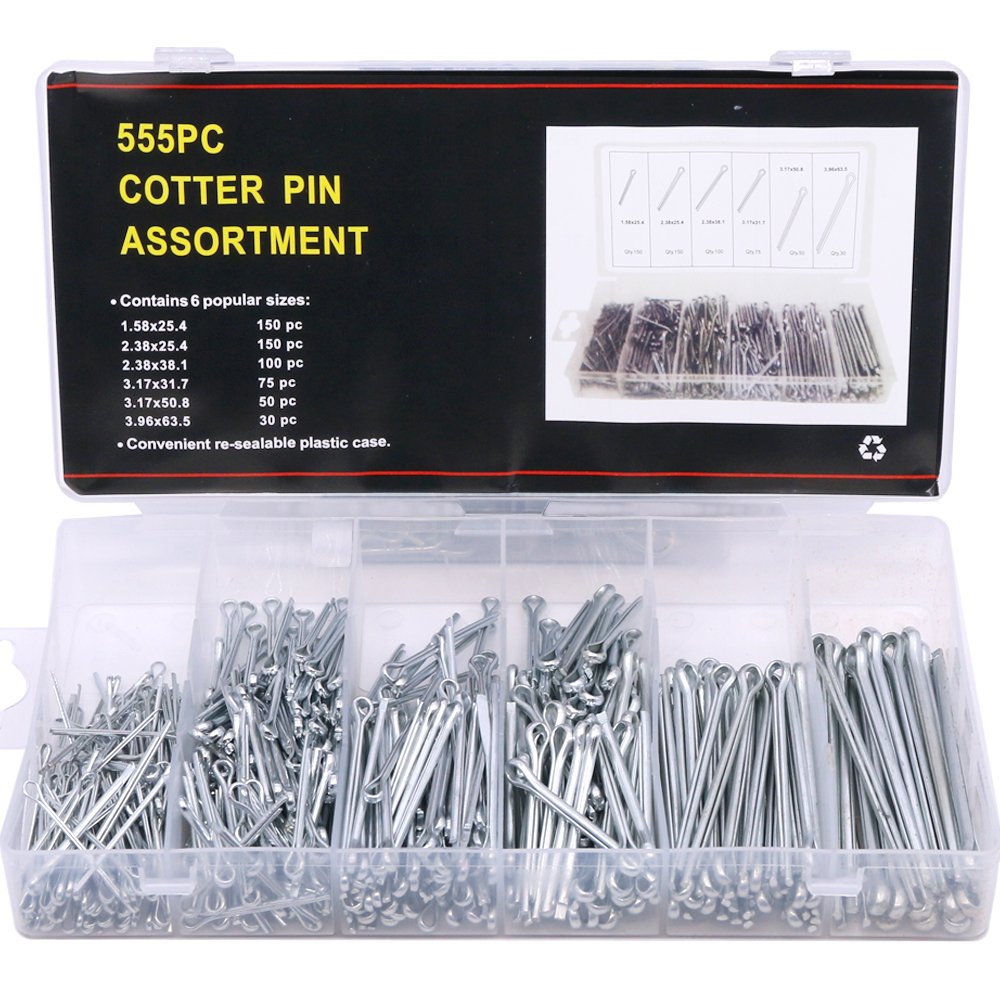 Glarks 555Pcs Heavy Duty Zinc Plated Cotter Pin Assortment Kit