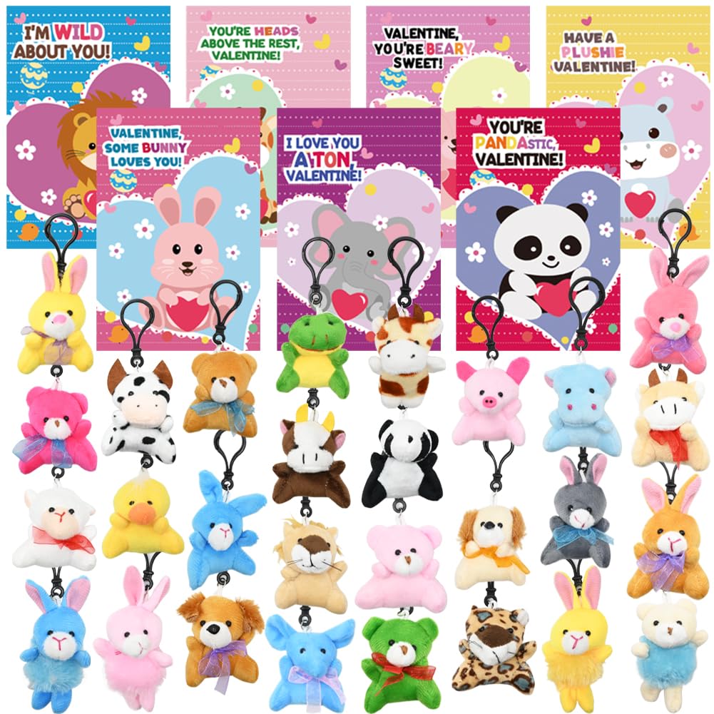 UMEELR 28PCS Valentine's Day Mini Plush Animals Toys, Small Stuffed Animal Keychain Animal Bulk for Kids Valentine's Classroom Gift Exchange Valentines Party Favor, Valentine Greeting Cards