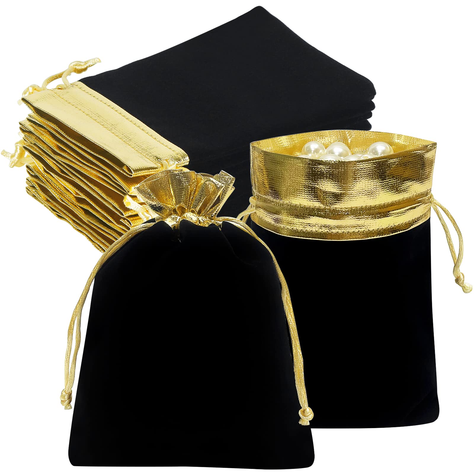 HRX Package 10pcs Velvet Bags with Drawstrings 5x7 inch, Black Gold Cloth Gift Pouches Baggies Sacks for Jewelry Dice Party Favor