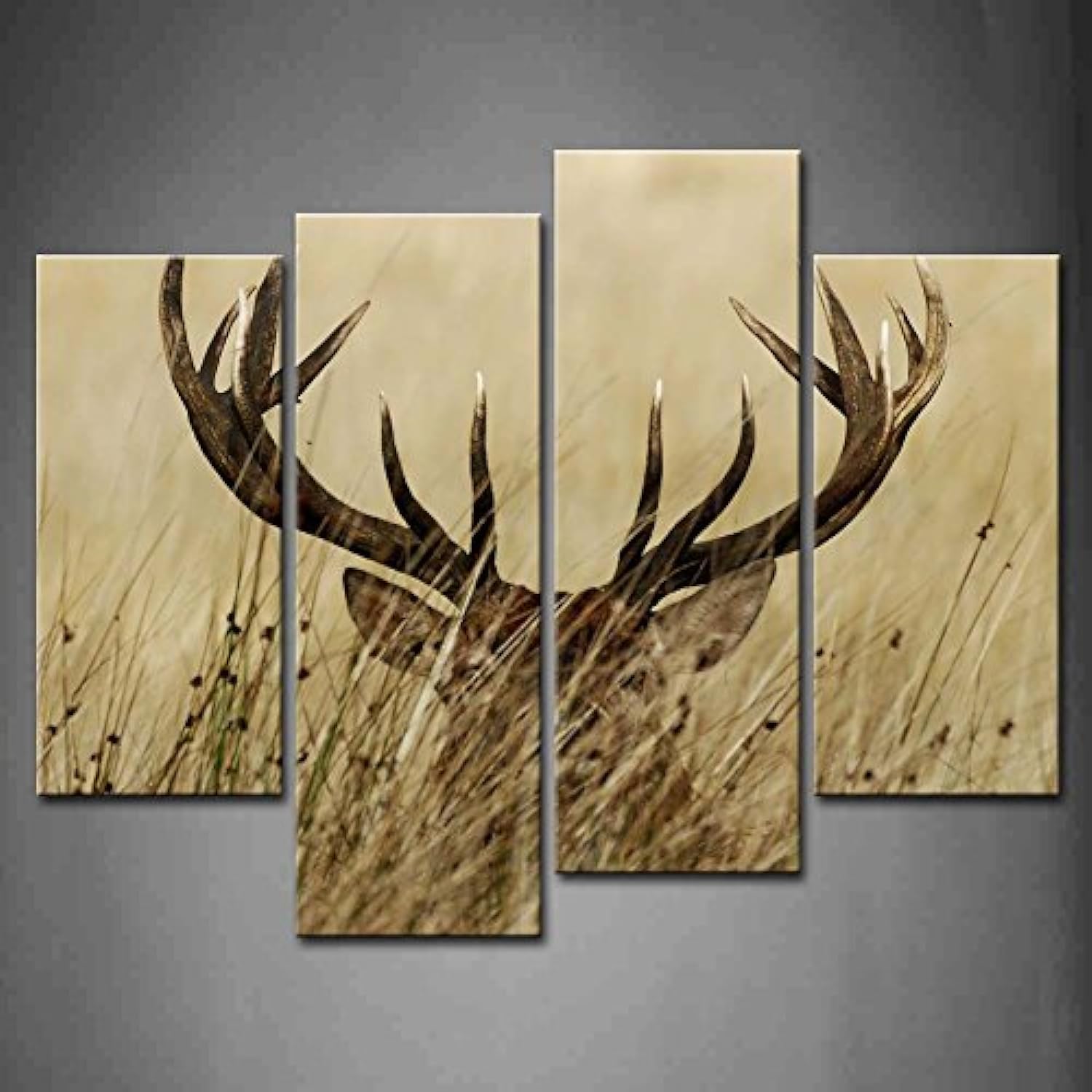 4 Panel Wall Art Deer Stag With Long Antler In The Bushes Painting The Picture Print On Canvas Animal Pictures For Home Decor Decoration Gift piece (Stretched By Wooden Frame,Ready To Hang)