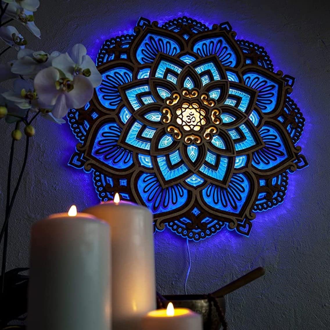 Hemore Mandala Night Lights, 11.8inch Multilayered Cut Carved Mandala Hanging Lamp, Yoga Room Atmosphere Light, Wooden Decorative Lamps for Bedroom Wall Decoration