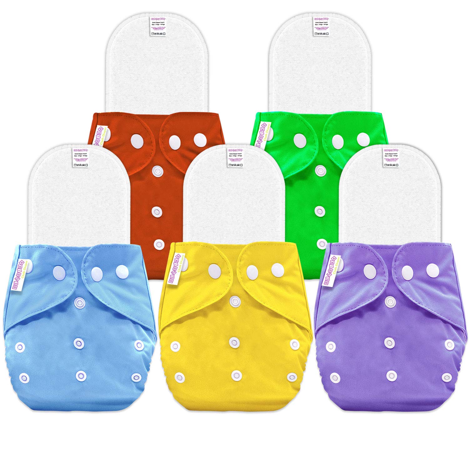 Bembika B Plus Solid Cloth Diapers for Babies, Washable Reusable, Adjustable Sizes (5 Combo) (5 Microfiber Inserts Included) 5BM