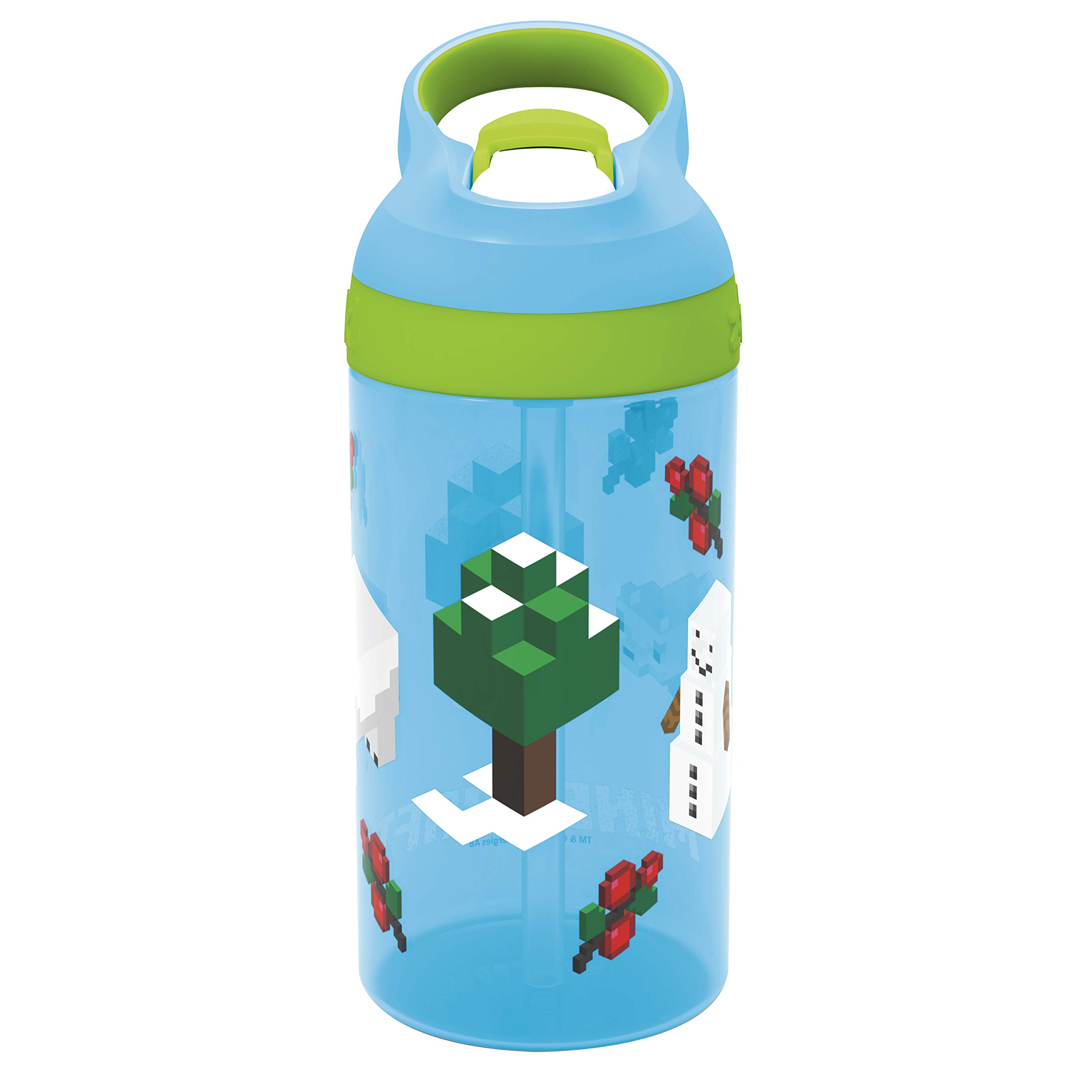 Zak Designs Minecraft Kids Water Bottle with Straw and Built in Carrying Loop Made of Durable Plastic, Leak-Proof Design (16 oz