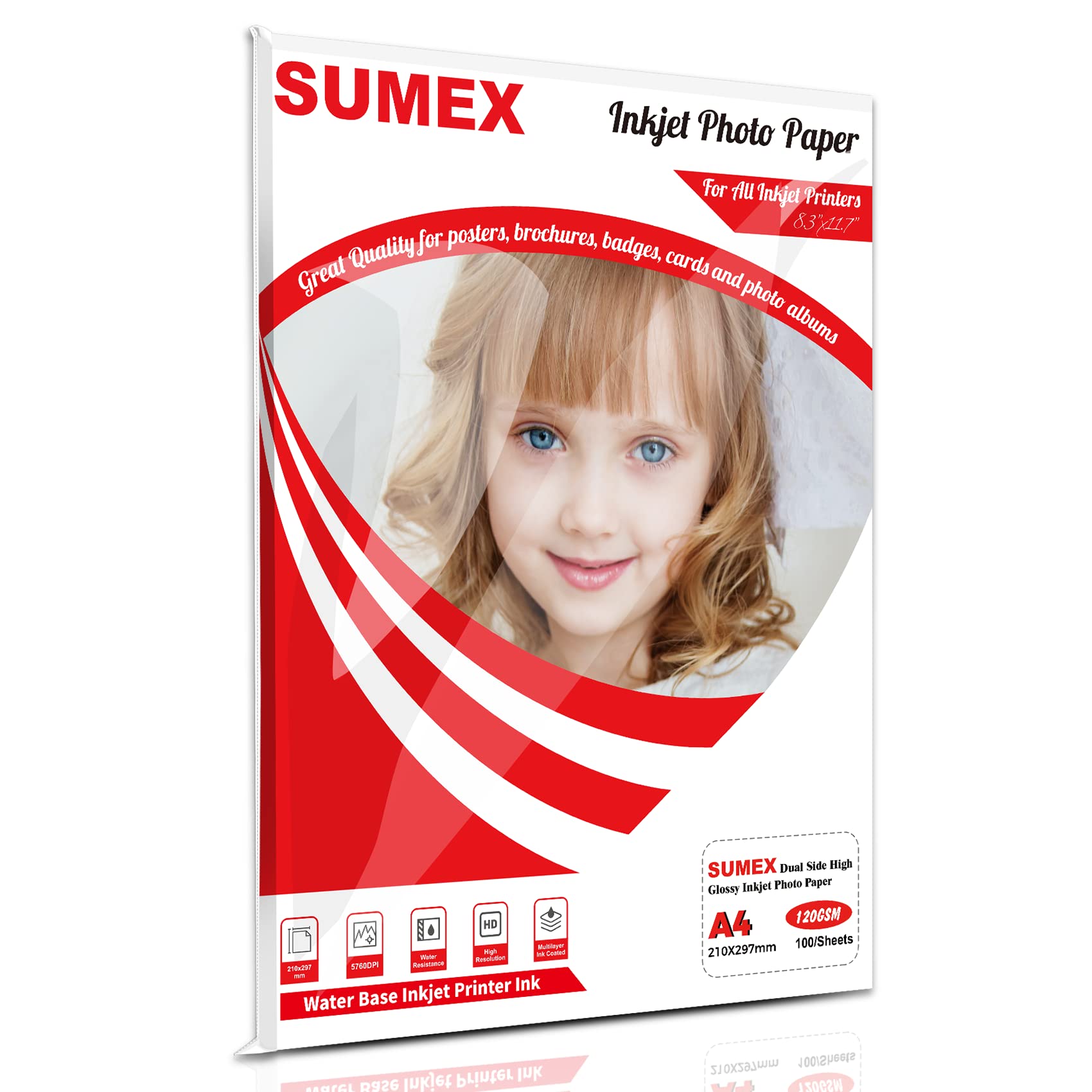 Sumex High Glossy Waterproof Inkjet Photo Paper A4x100 Size 120gsm 210 * 297mm Double Side for Dye Ink Compatiable with All Inkjet Printers