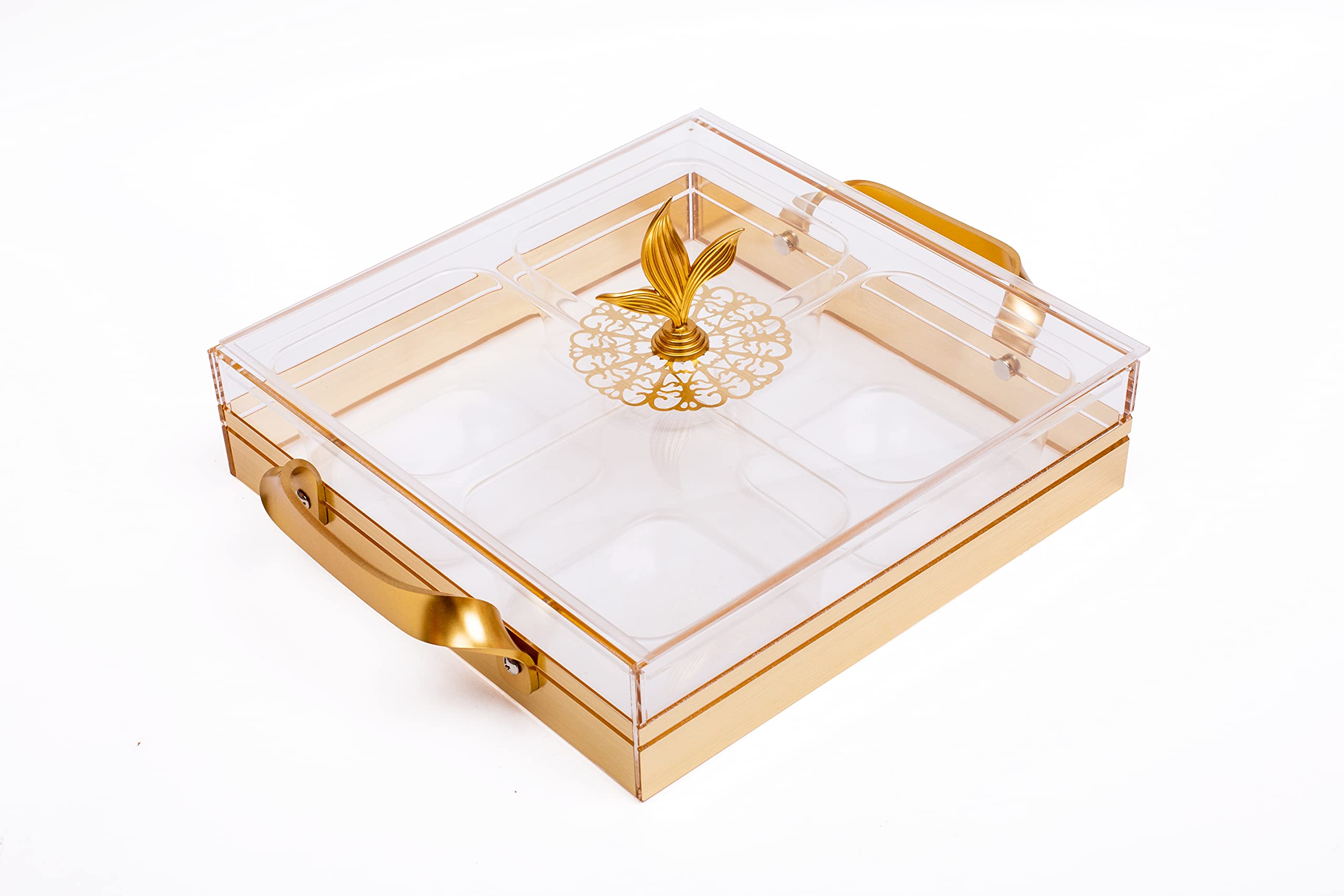 Taliona SQUARE SNACK TRAY WITH 4 INER BOWL AND COVER 27 x 27 cm, Gold/Clear, TL0113484