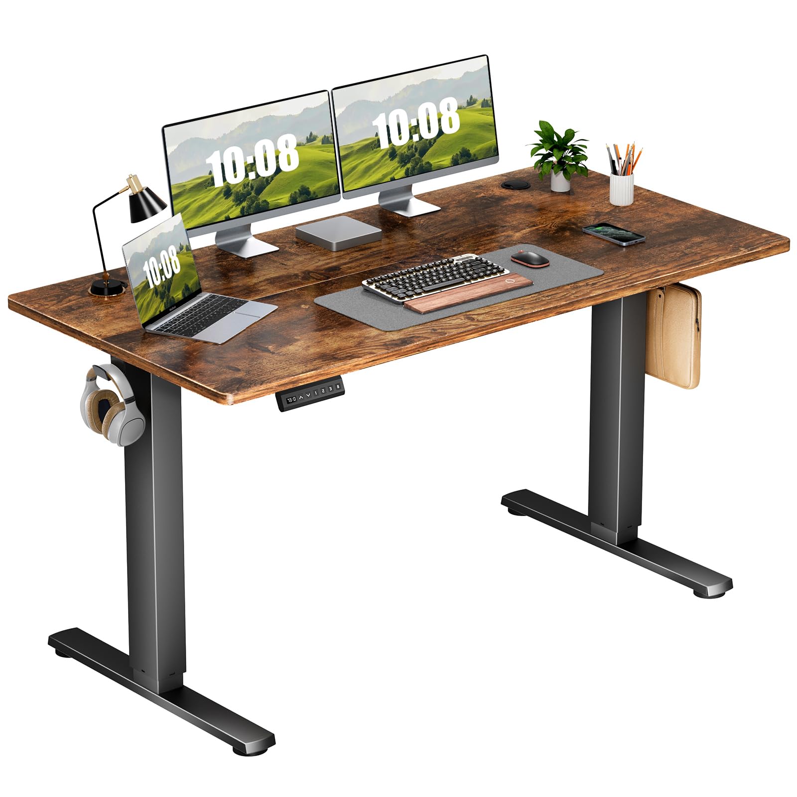 Sweetcrispy Sit Standing Splicing Board, Rising Home Office, Computer Desk with 2 Hooks and Wire Holes, Rust, 55 x 24IN