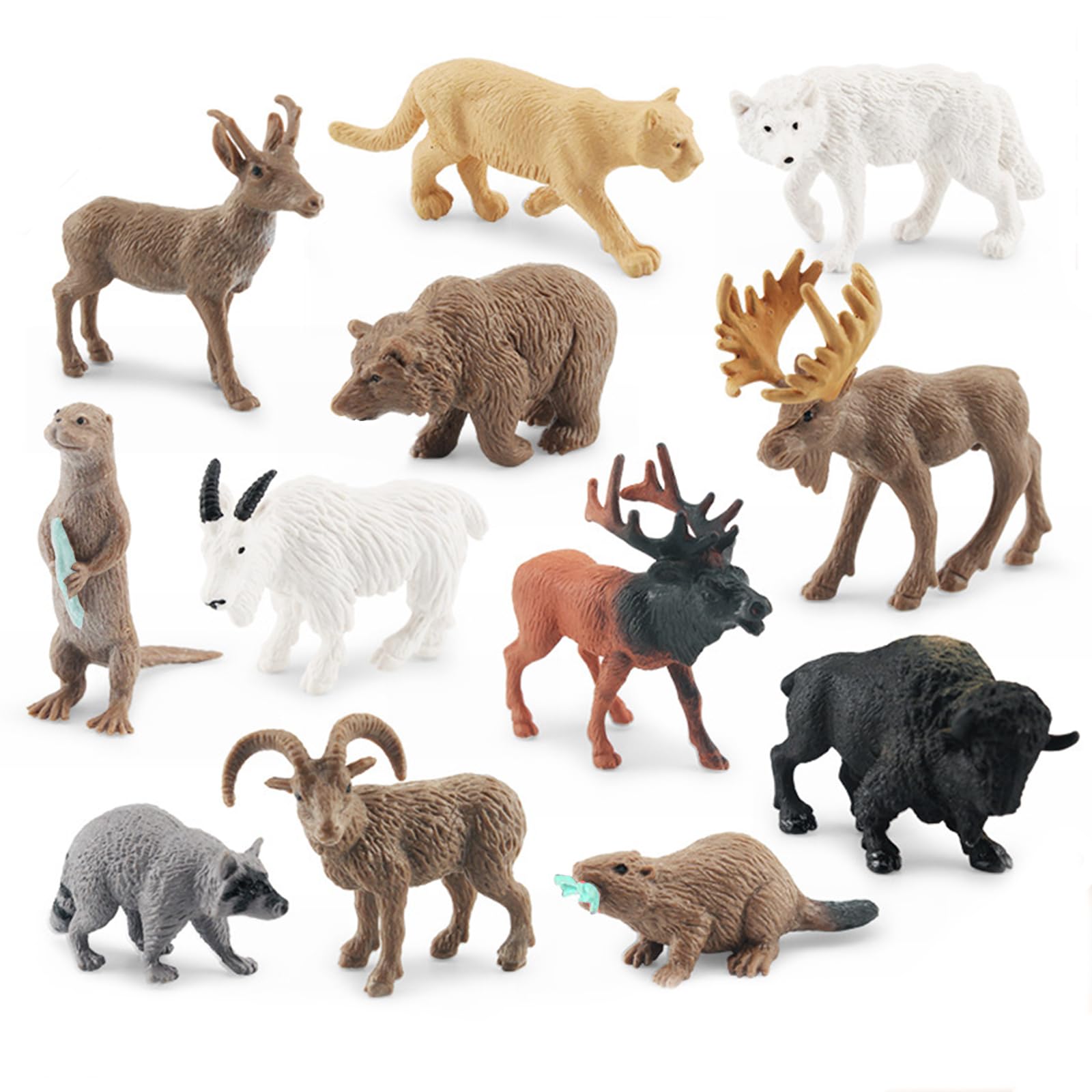 1-2 Inch North American Animals Set Mini Wild Animals Figurines Set Plastic Wolf Figure Moose Figure Toy Gift for Kid Toddlers Raccoon Animals Cake Topper