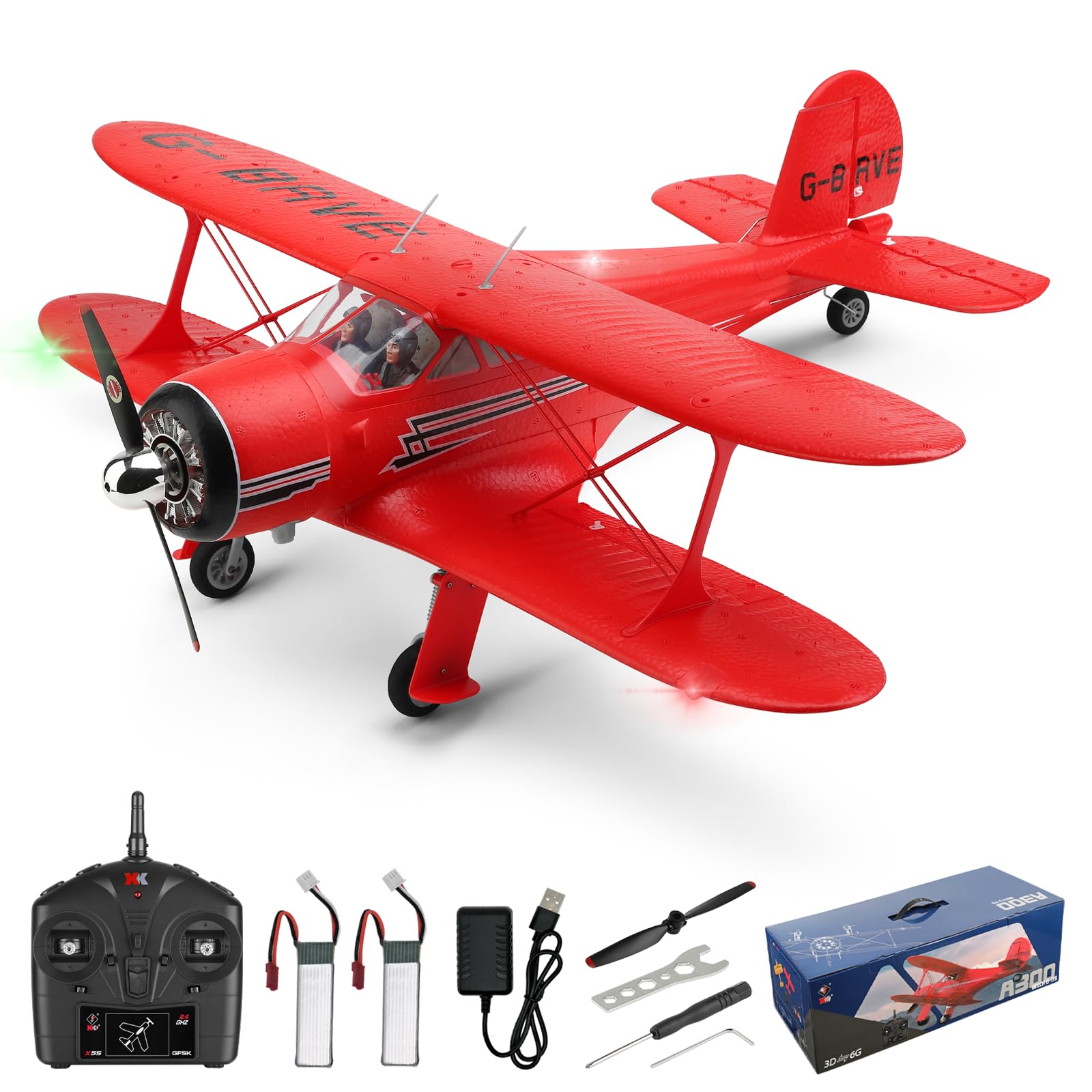 CKYSCHN WLtoys A300 4-Ch RC Plane, Beechcraft D-17 RC Airplanes with Lights, 6G/3D Brushless RC Planes with 2 Batteries, 2.4G Remote Control RC Airplanes Gifts for Adults (Red)