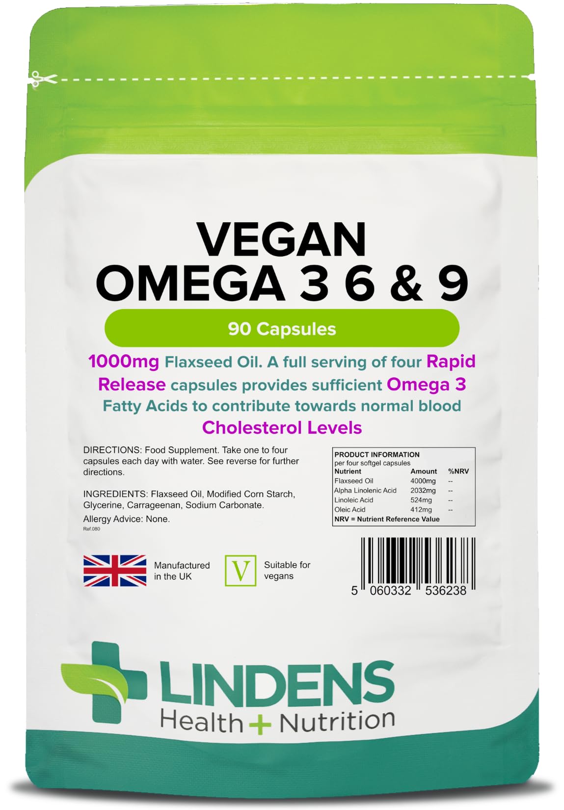 Lindens - Vegan Omega 3, 6 & 9-90 Capsules - 1000mg Flaxseed Oil, UK Made - Essential Omega Fatty Acids, Normal Blood Cholesterol Levels - Brain, Heart & Eyes - Letterbox Friendly