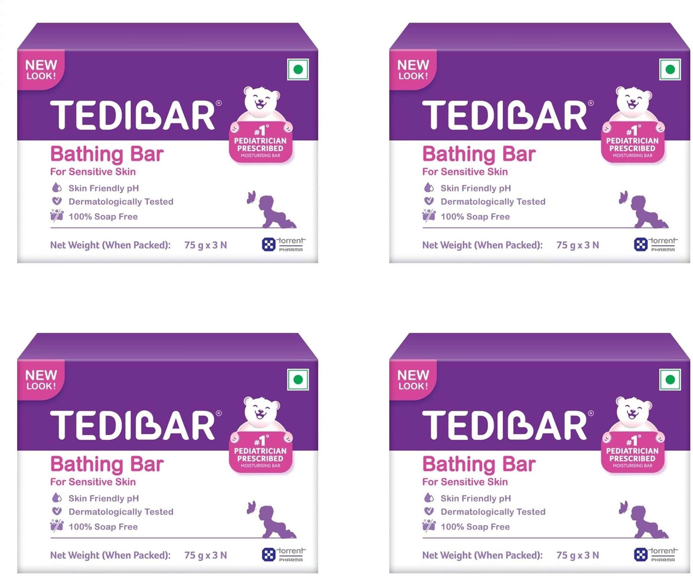 Tedibar Moisturising Baby Bathing Bar (75gx3) with Skin Friendly PH|100% Soap Free|Dermatologically Tested x Pack of 4