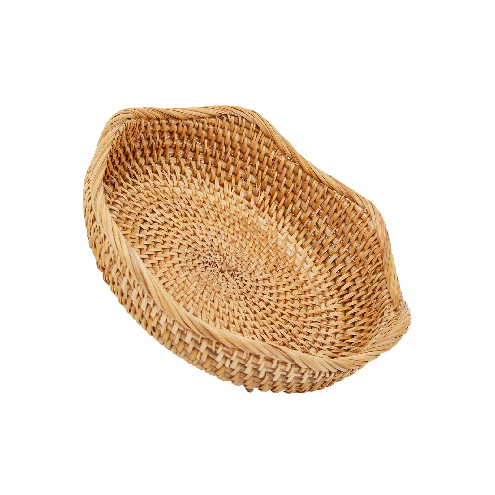 Natural Rattan Round Fruit Basket Bowls, Hand Woven Decor Serving Baskets, Wicker Storage for Dinning Room (Wave Small)