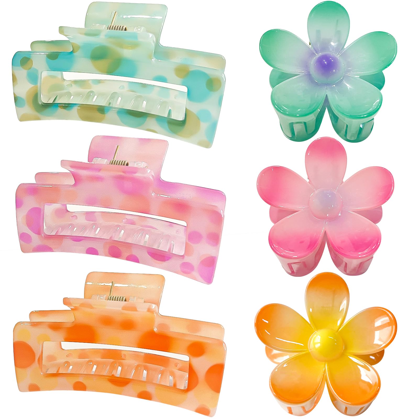 Hair Claw Clips for Thick/Thin Hair Claws 6PCS,3.34" Nonslip Big Cute Hair Clips Square Claw Clips,2.36" Medium Flower Hair Clips for Women/Girls,Hair Styling Accessories Gifts (X-spot)