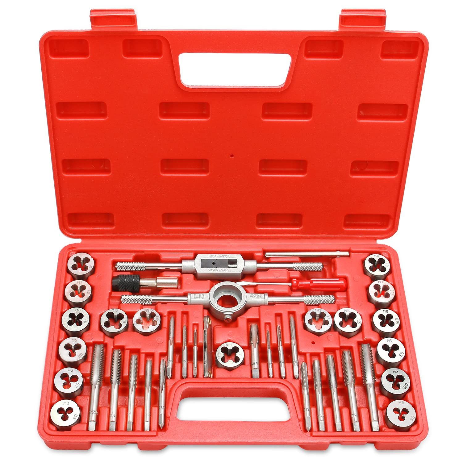 EFFICERE40-Piece Premium Tap and Die Set, Metric Screw Threads M3, M4, M5, M6, M7, M8, M10, M12, Both Coarse and Fine Types | Essential Threading Tool Kit with Complete Handles, Accessories and Case