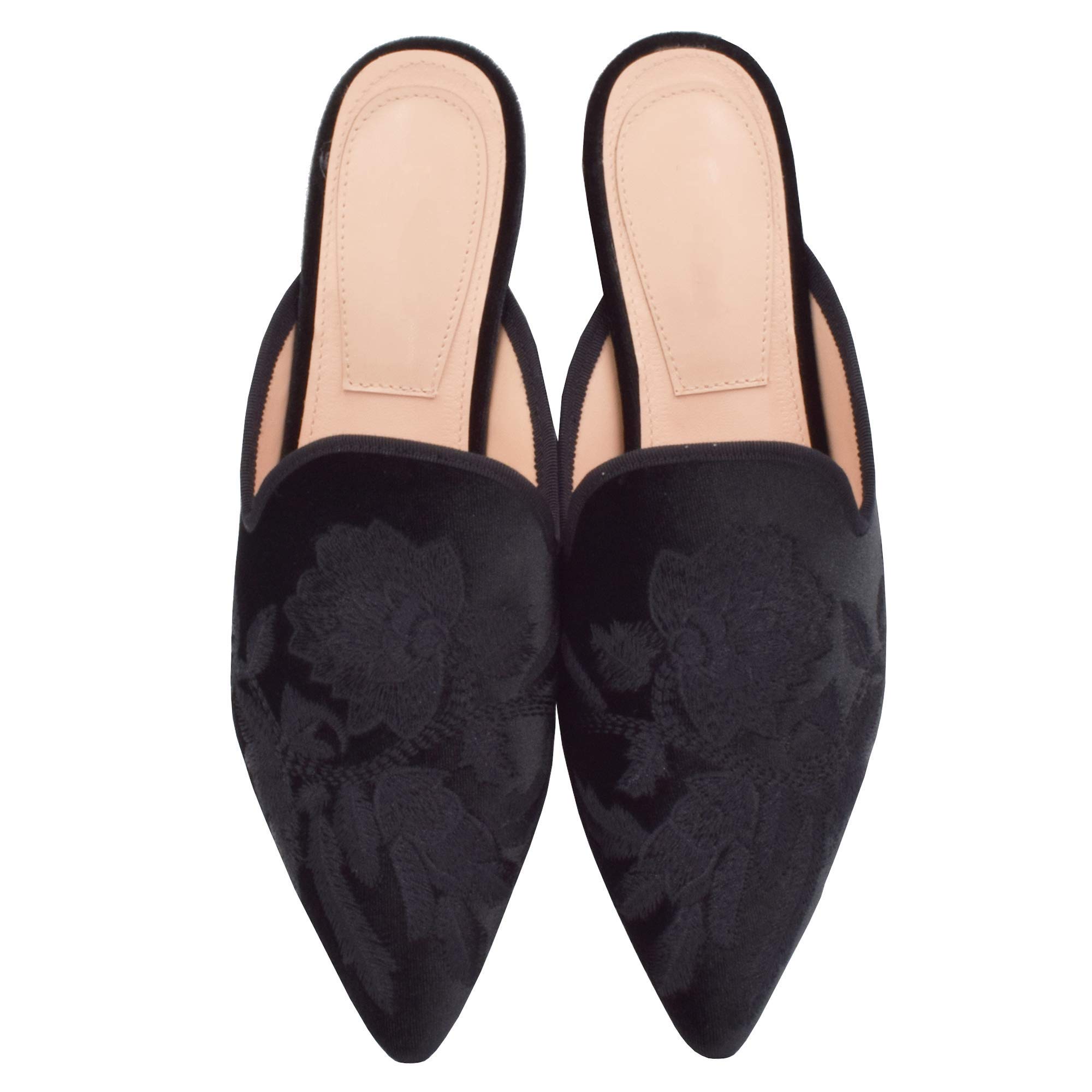 FericzotWomen's Velvet Backless Pointed Toe Slip On Loafers Flats Embroidery Mule Slippers Shoes