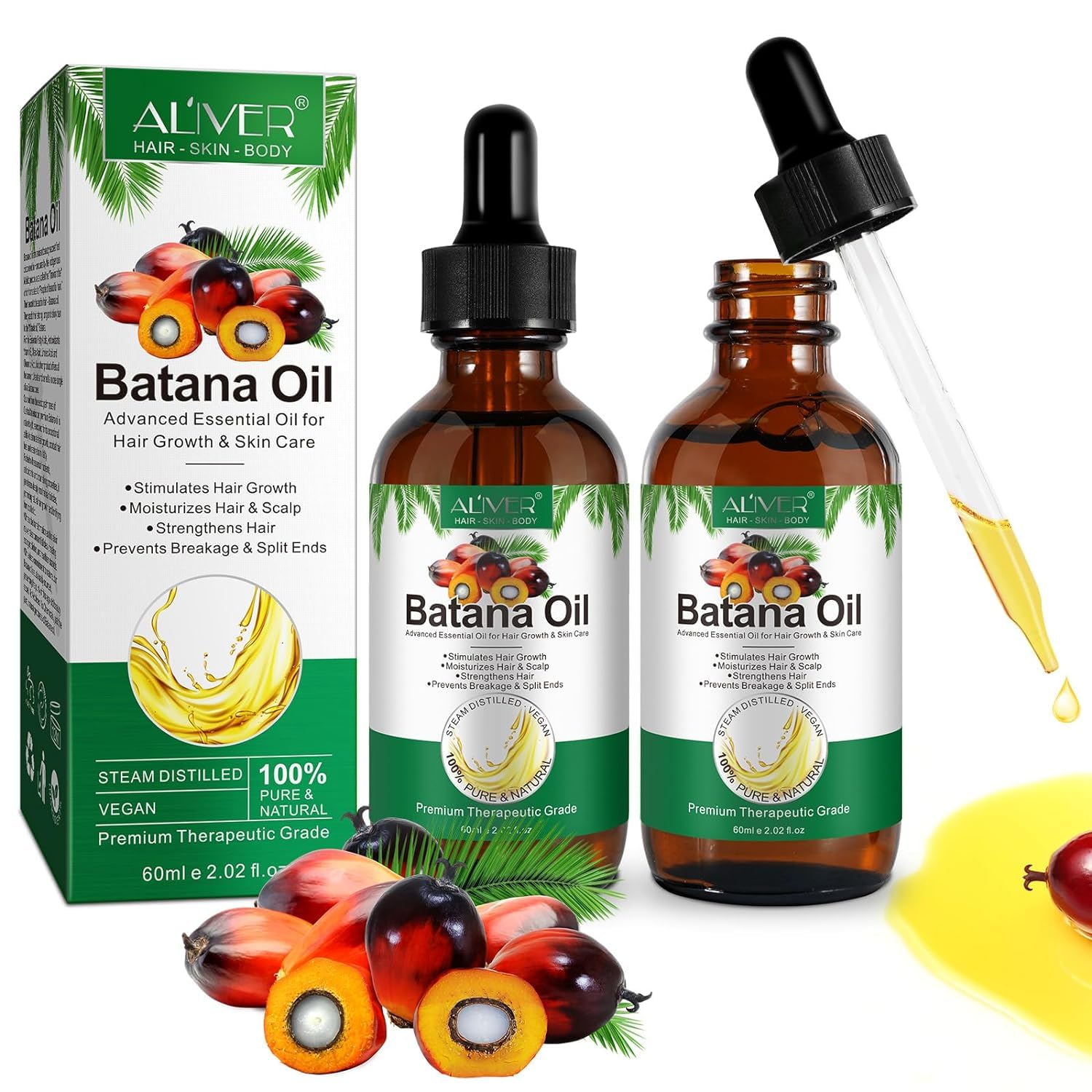 Batana Oil for Hair Growth, (2pcs)100% Pure Nature Organics Batana Oil from Honduras, Moisturizes Hair Scalp, Reduces Hair Loss, Prevents Breakage Split Ends, Hair Oil for All Hair Types 60ml