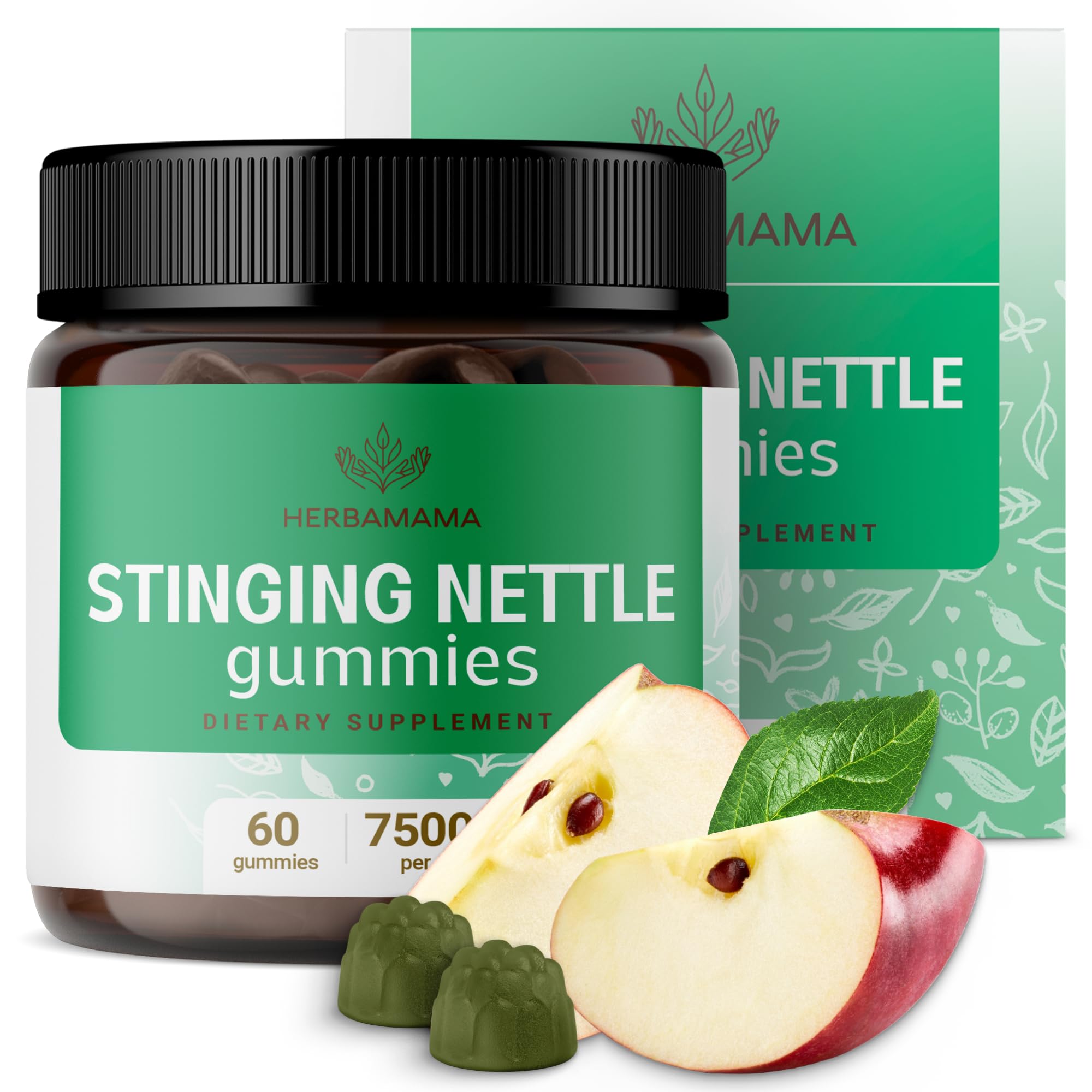 HERBAMAMA Stinging Nettle Root Gummies - 7500 mg Urtica Dioica Supplement for Urinary Tract Health for Women and Men - Vegan, Gelatin-Free, Non-GMO - 60 Apple-Flavored Chews