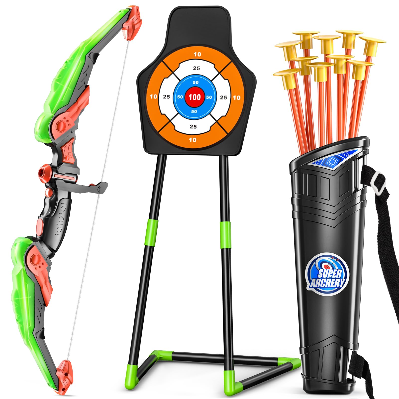 TEMITMEI Bow and Arrow Set for Kids with LED Lights Archery Set with Suction Cup Arrows, Quivers & Standing Target, Outdoor Toys for Children Boys & Girls Ages 3-12 Years Old (Green)