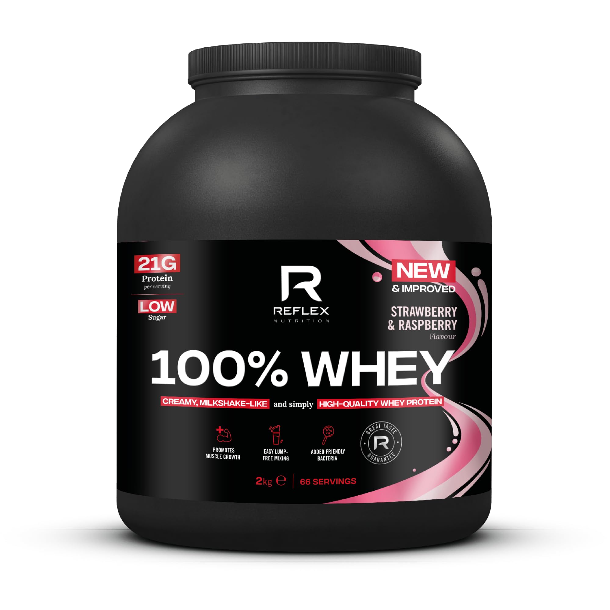 Reflex Nutrition 100% Whey Protein - 80% Pure Whey Protein - EAA Amino Acids - No Added Sugar - Whey Protein Powder for Pre Workout & Post Workout Recovery (Strawberry & Raspberry, 2kg, 66 Servings)