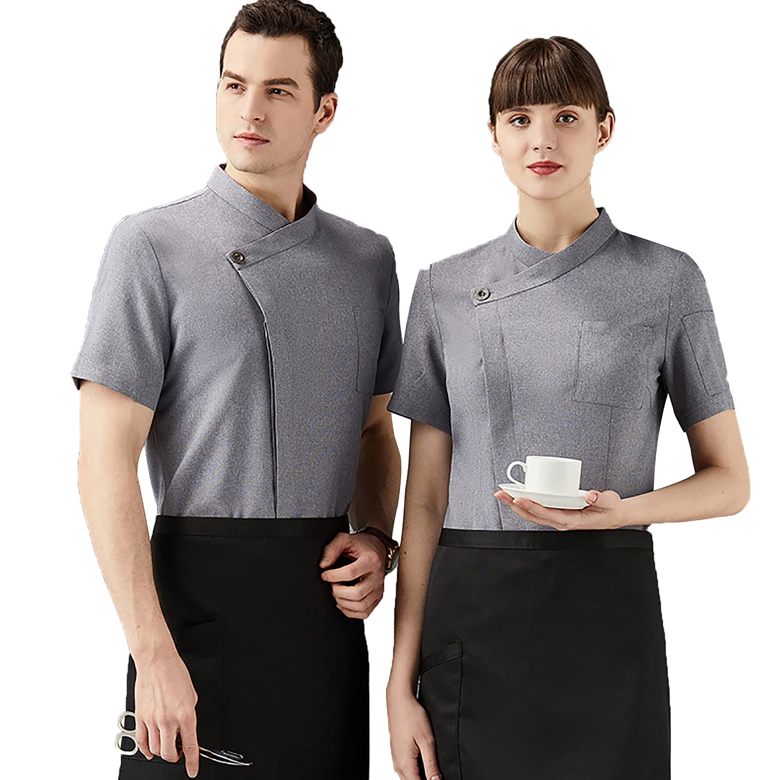 Professional Chef Jacket for Men Women Breathable Chef Coat with Hidden Clasps,Short Sleeve Unisex Cook Chef Uniform for Restaurant Hotel Kitchen Food Service,Gray,L