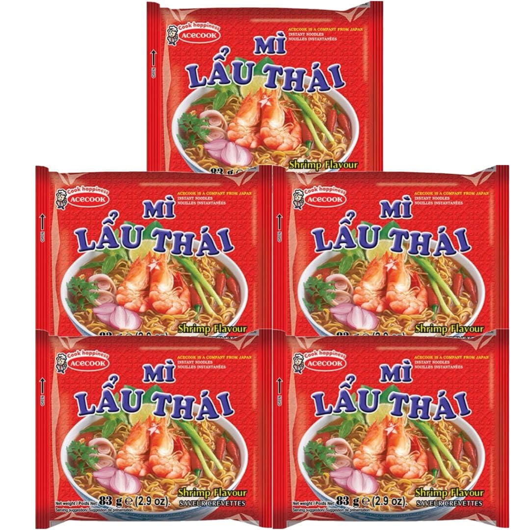 ACECOOK Thai Style Tom Yum Ramen Shrimp Flavour Instant Noodles 83g (Pack of 5)