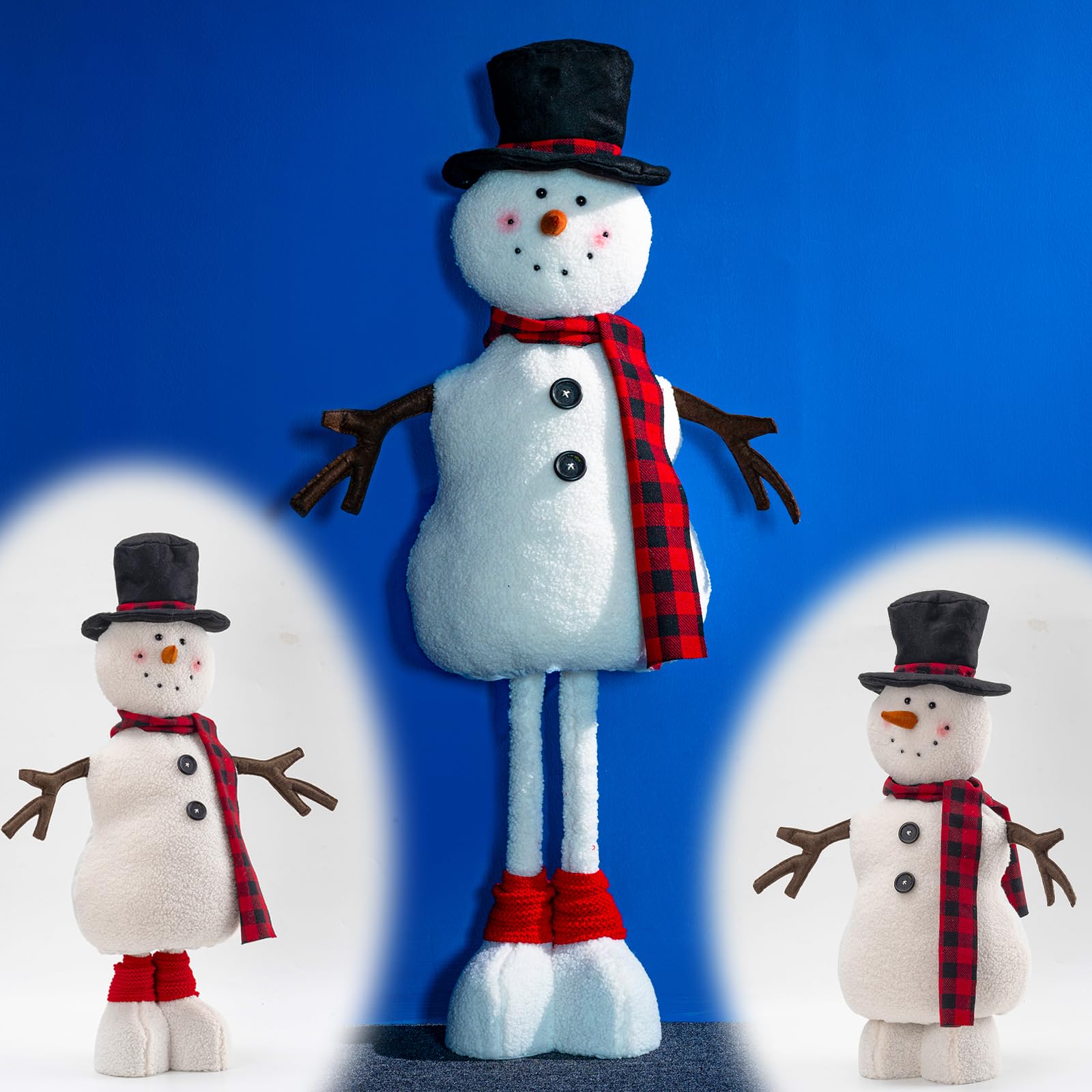 unanscre 26’’-35’’ Standing Snowman Plush Christmas Decoration - Large Xmas Snowman Stuffed Doll w/Retractable Spring Legs Gnome Handmade for Christmas Decor, Xmas Fireplace Home Party Ornaments