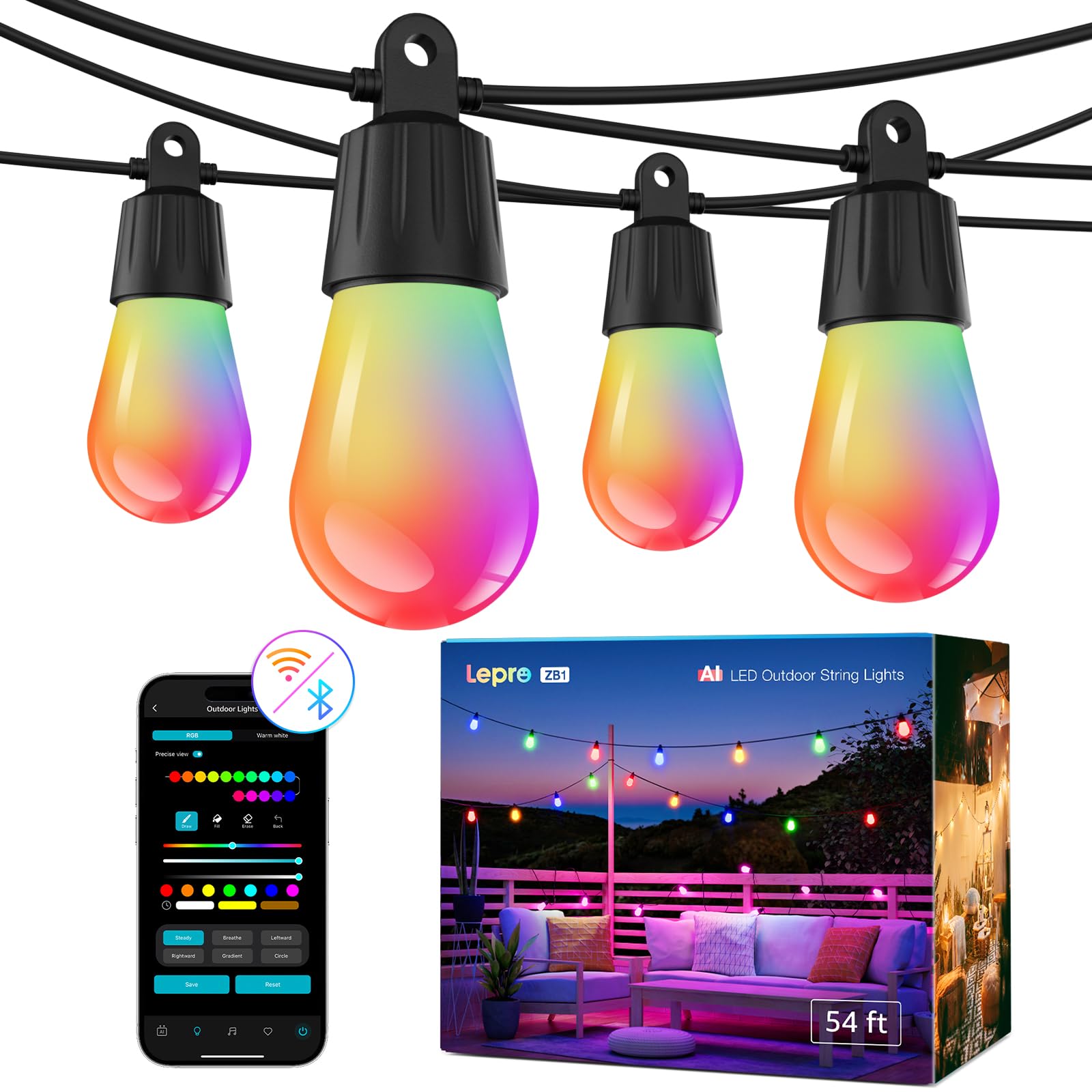 Lepro ZB1 AI Smart Outdoor String Lights APP Control, 54(42+12) ft RGB+IC+Warm White Outdoor Lights 15 LED Bulbs, Alexa Google Enabled, AI Generated Lighting LLM, NO Remote, 2.4 GHz WiFi+Bluetooth