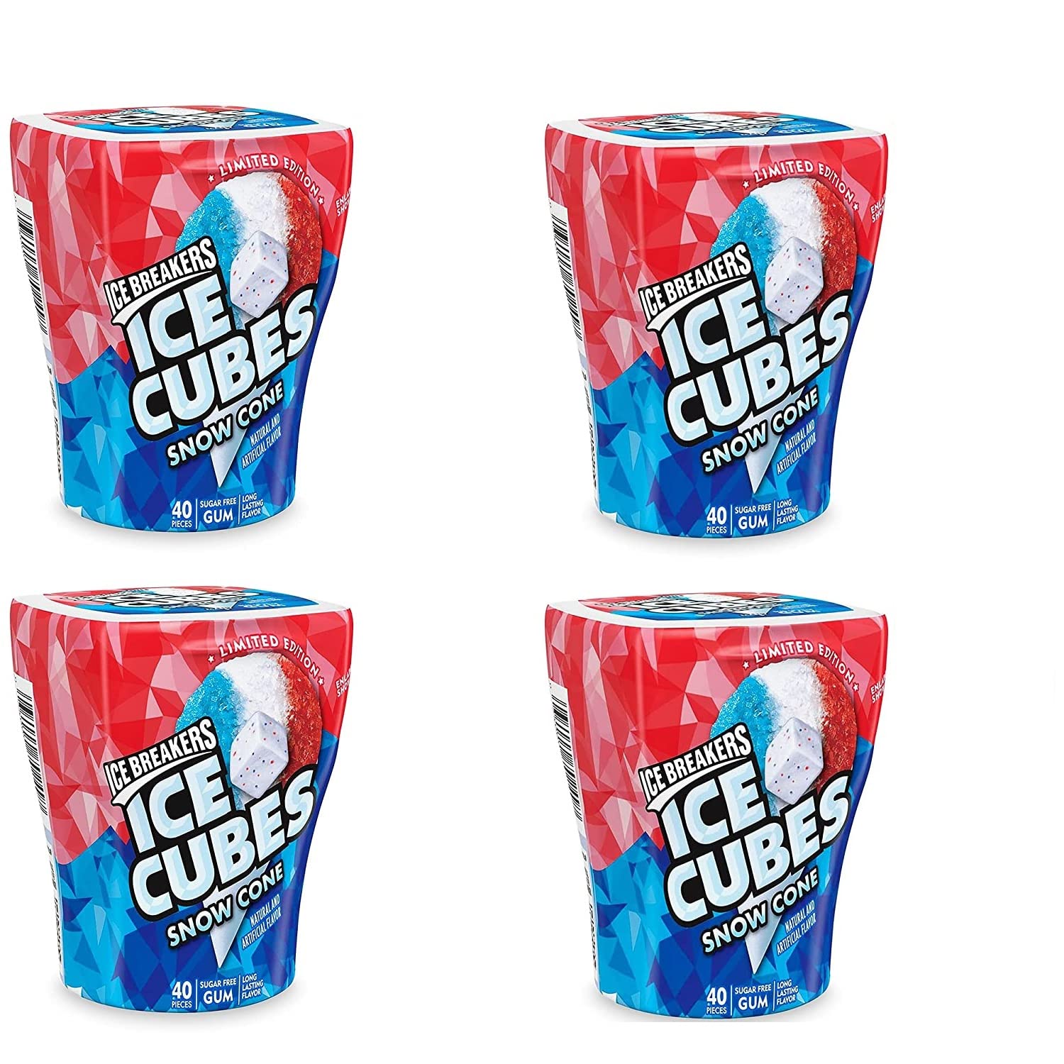 TundrasIce Breakers Ice Cubes – Limited Edition Snow Cone Sugar Free Gum – 40 Count Pack of 4 (160 pieces) Refreshingly Cool Cubed – 3.24-Ounces – 40 Count Bottle – 4 Packs of Flavored Snow Cone Gum