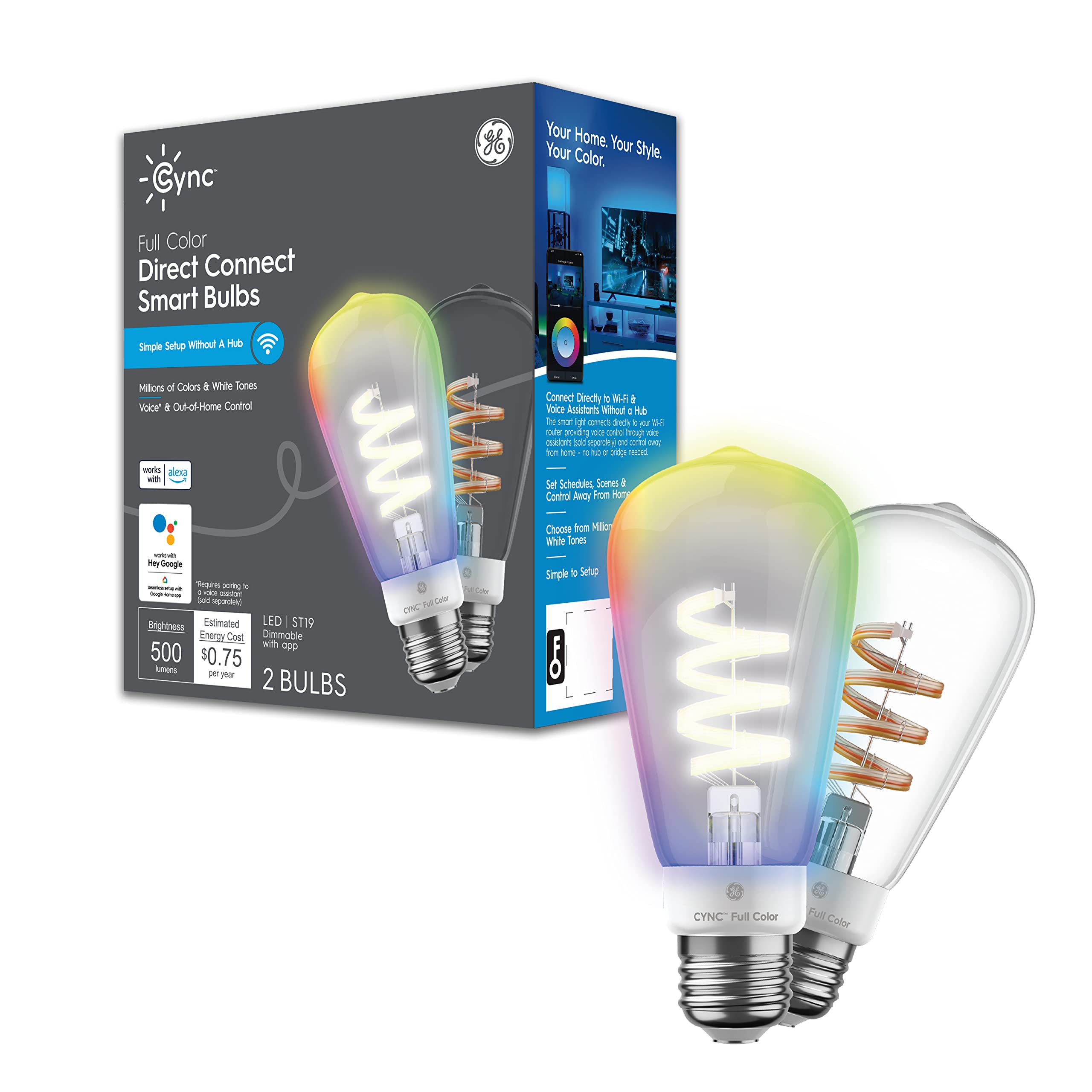 GE CYNC Smart LED Light Bulbs, Color Changing Lights, Bluetooth and Wi-Fi Lights, Works with Alexa and Google Home, ST19 Edison Style Light Bulbs (2 Pack)