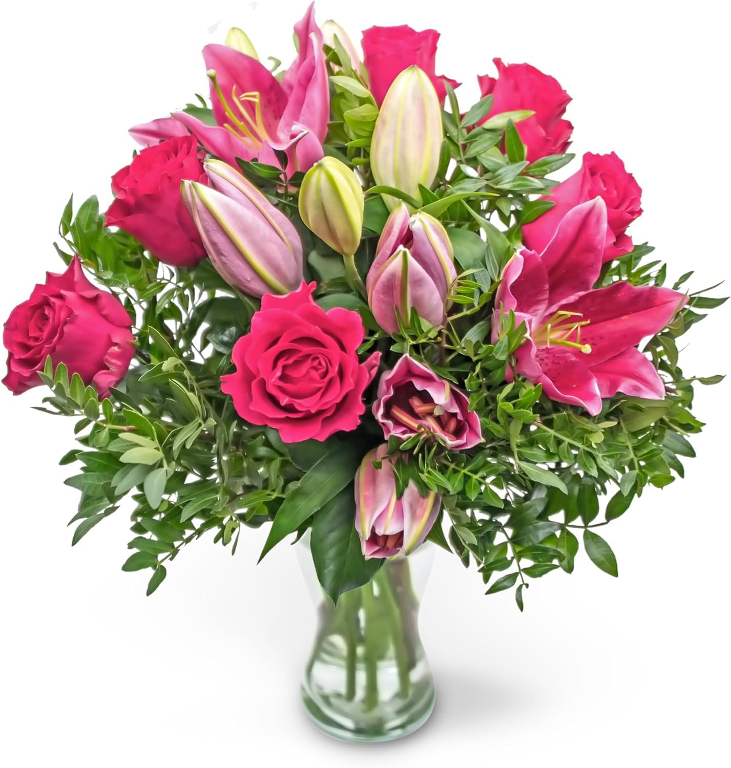 Rose and Lily - Fresh Flowers - Red Roses bouquet surrounded by Pink Lilies - Bouquet of Flowers - Brighten someone's day with flowers. (Medium)