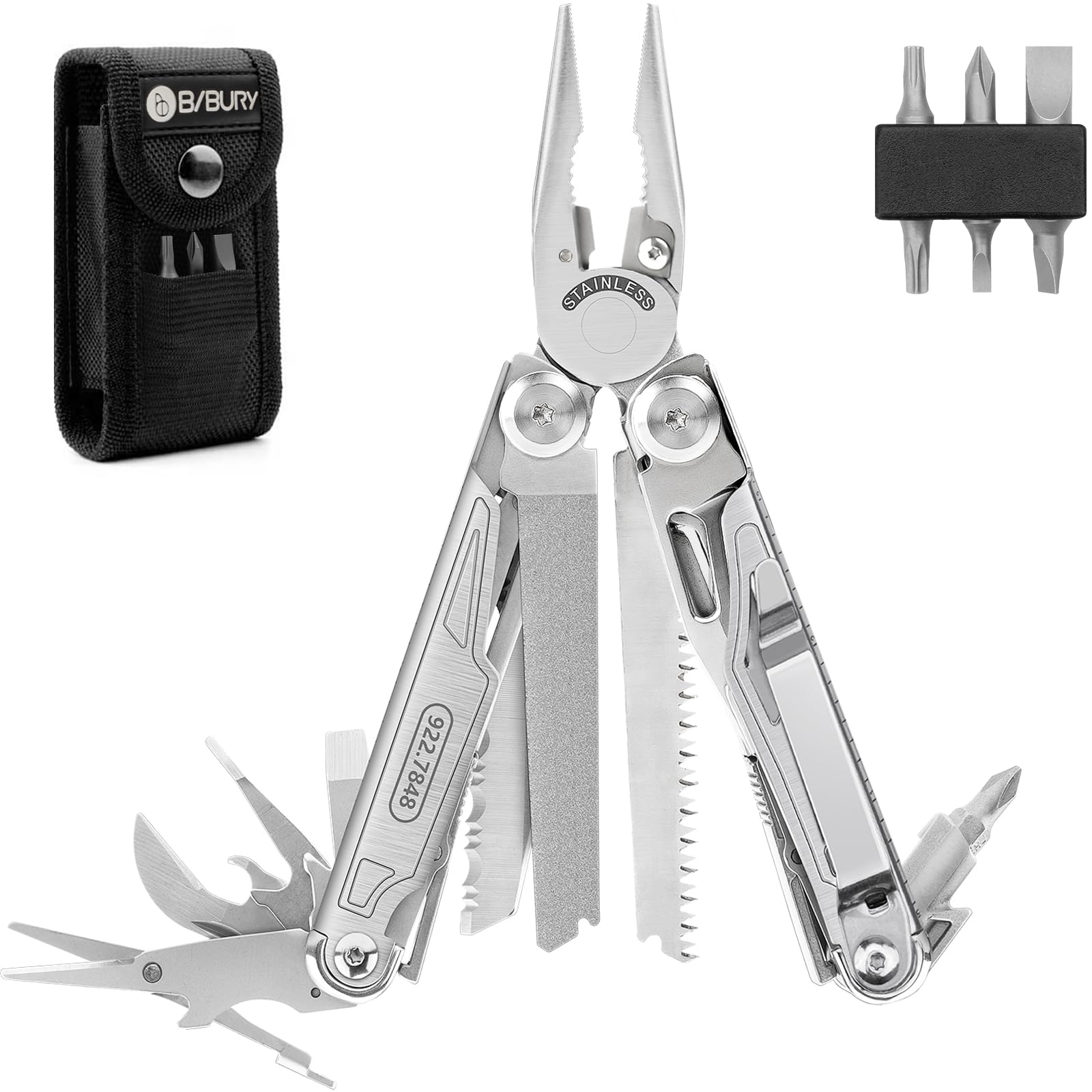 BIBURY Multitools, Upgraded Multi Tool Foldable Pliers, Stainless Steel Multitools with Nylon Pouch, Ideal for Camping, Outdoor, Repairing, Hiking - Gift for Dad Men