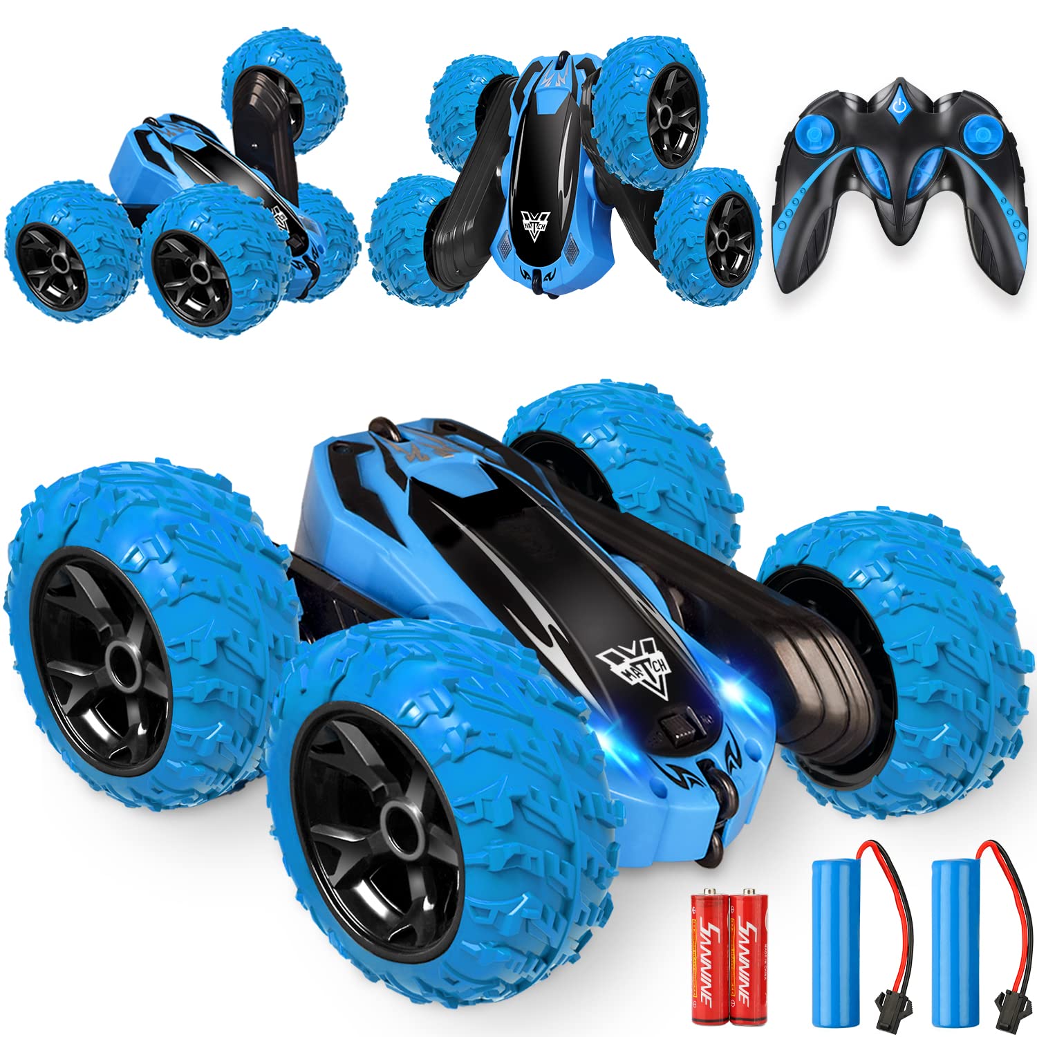 KKONES Remote Control car,2.4GHz Electric Race Stunt Car,Double Sided 360° Rolling Rotating Rotation, LED Headlights RC 4WD High Speed Off Road for 3 4 5 6 7 8-12 Year Old Boy Toys (Blue)